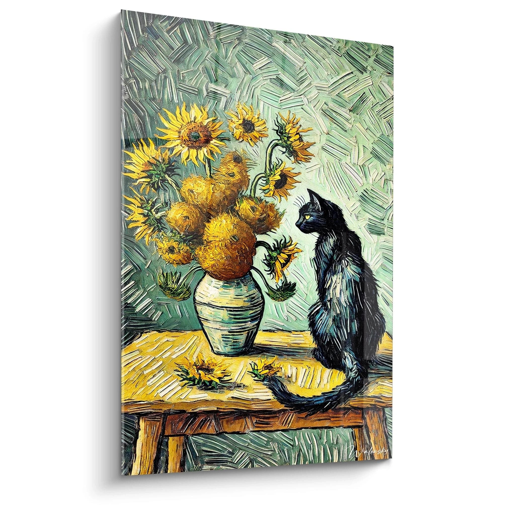 Découvrez ce tableau chat captivant où un élégant chat noir observe un vase de tournesols. La vue de biais révèle la profondeur des textures et le contraste vibrant des couleurs.