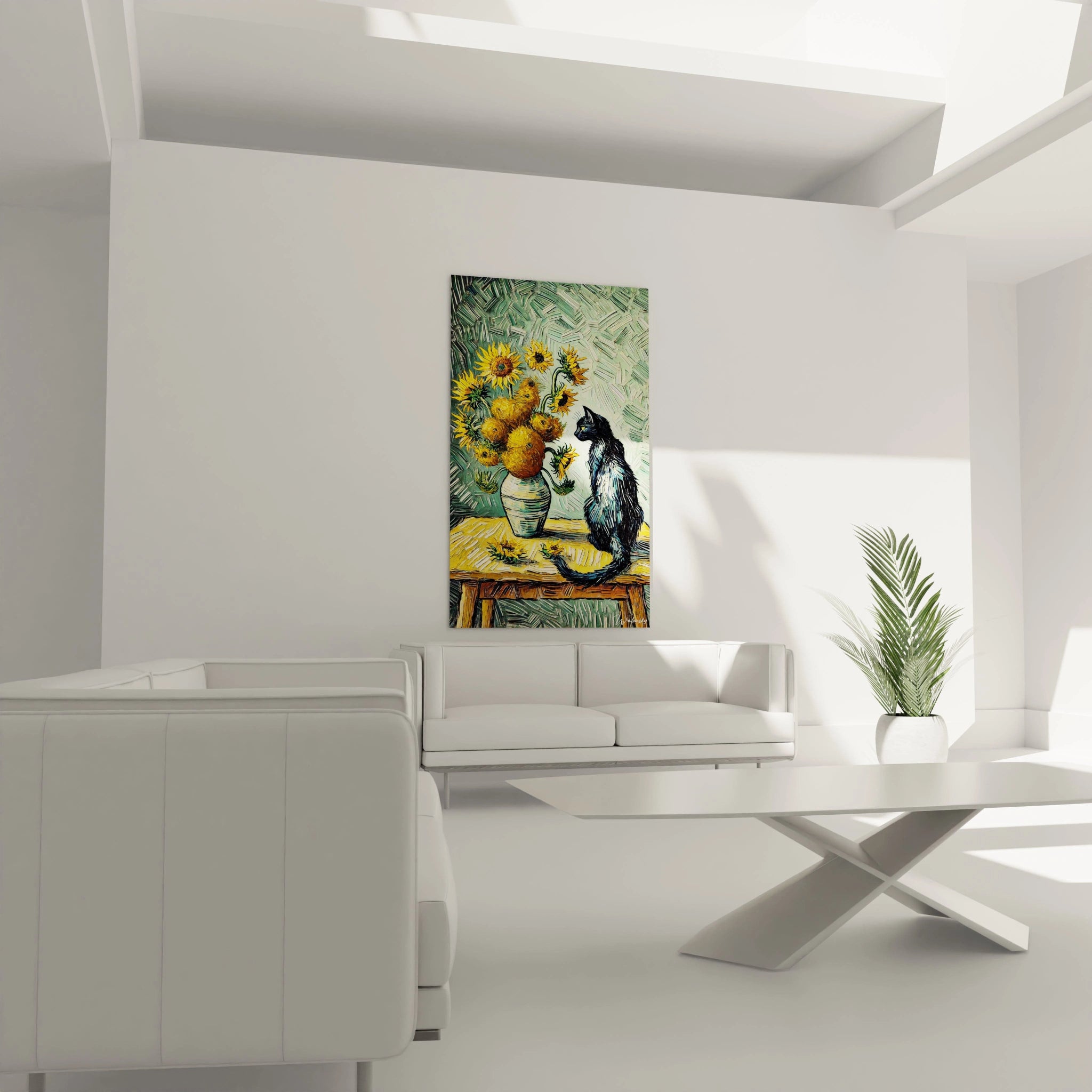 Accroché au-dessus du canapé, ce tableau chat noir et ses tournesols lumineux offrent un contraste saisissant, parfait pour sublimer un salon avec une ambiance poétique et élégante.