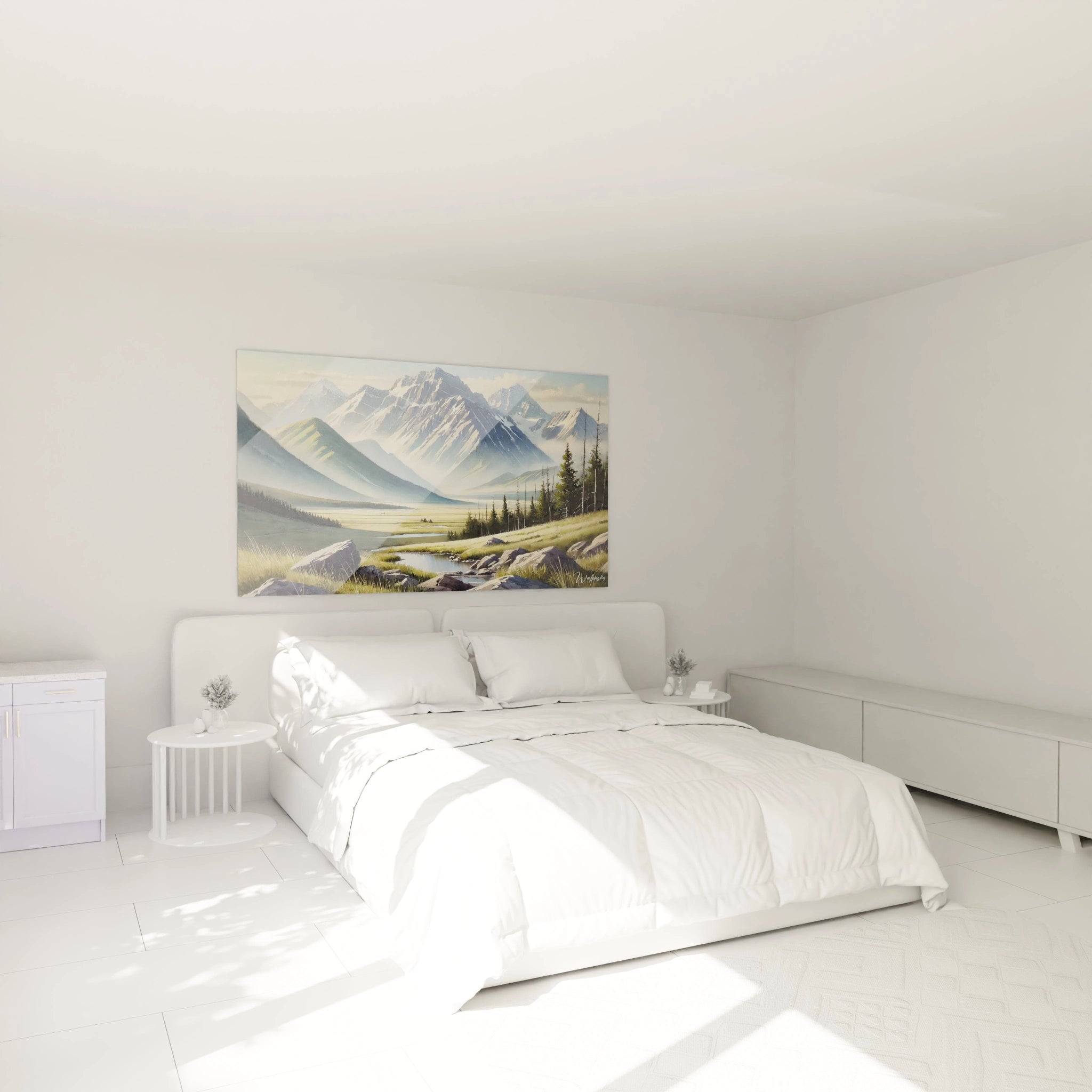 Le tableau Vaste Horizon s'épanouit dans une chambre, accroché au-dessus du lit, apportant une sérénité inégalée avec ses couleurs douces et sa vue apaisante.