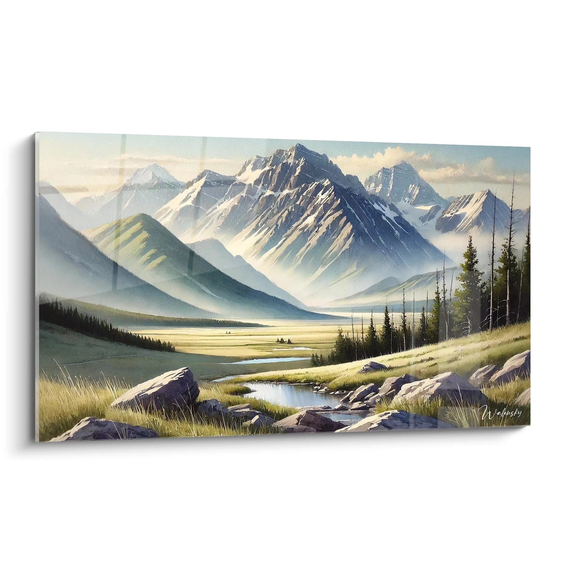 Découvrez le tableau Vaste Horizon, une œuvre inspirante vue de biais, capturant la beauté des montagnes et la douceur de la lumière. Idéal pour apaiser votre esprit.