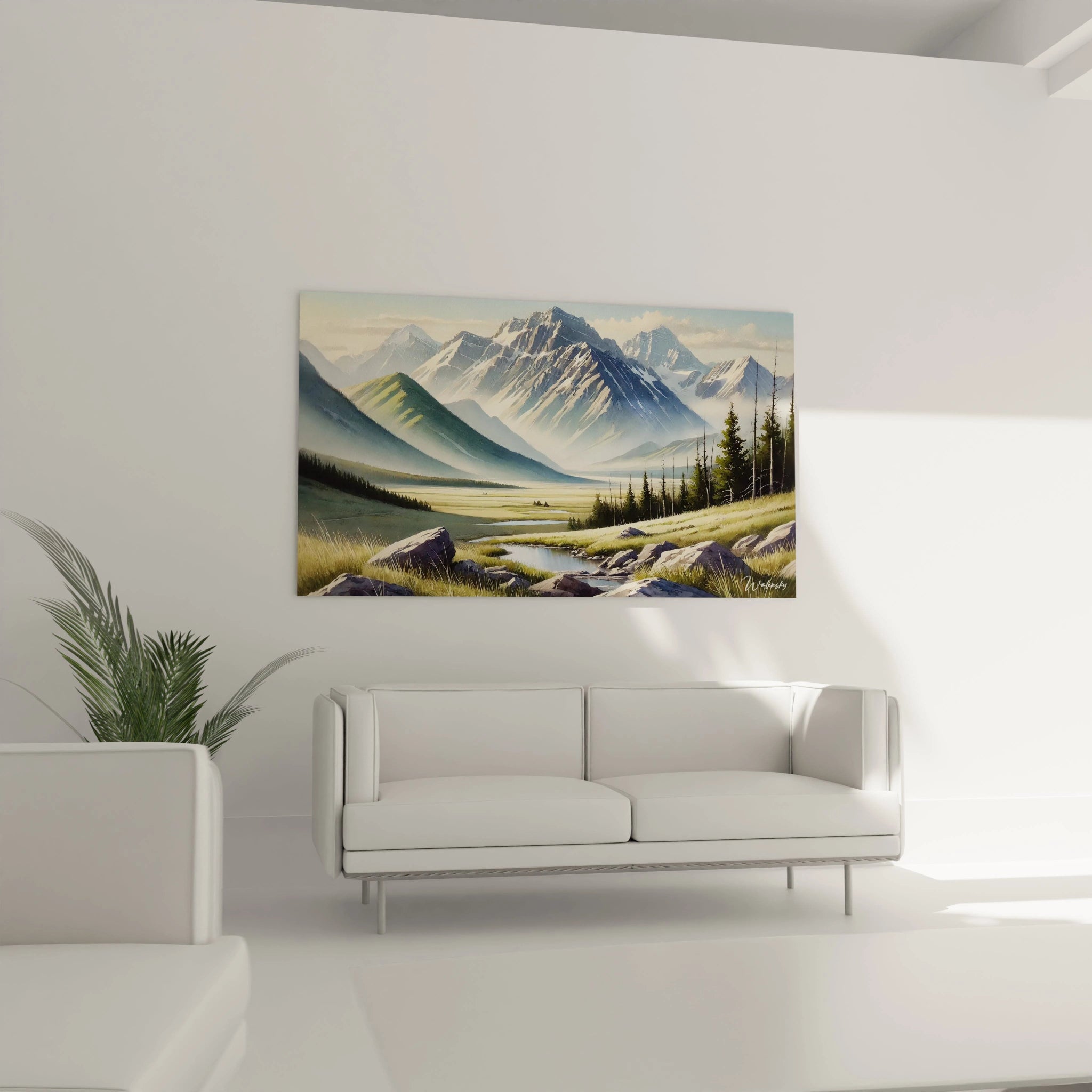 Transformez votre salon avec le tableau Vaste Horizon, placé au-dessus d'un canapé. Sa représentation des vastes paysages invite à la détente et à la contemplation.