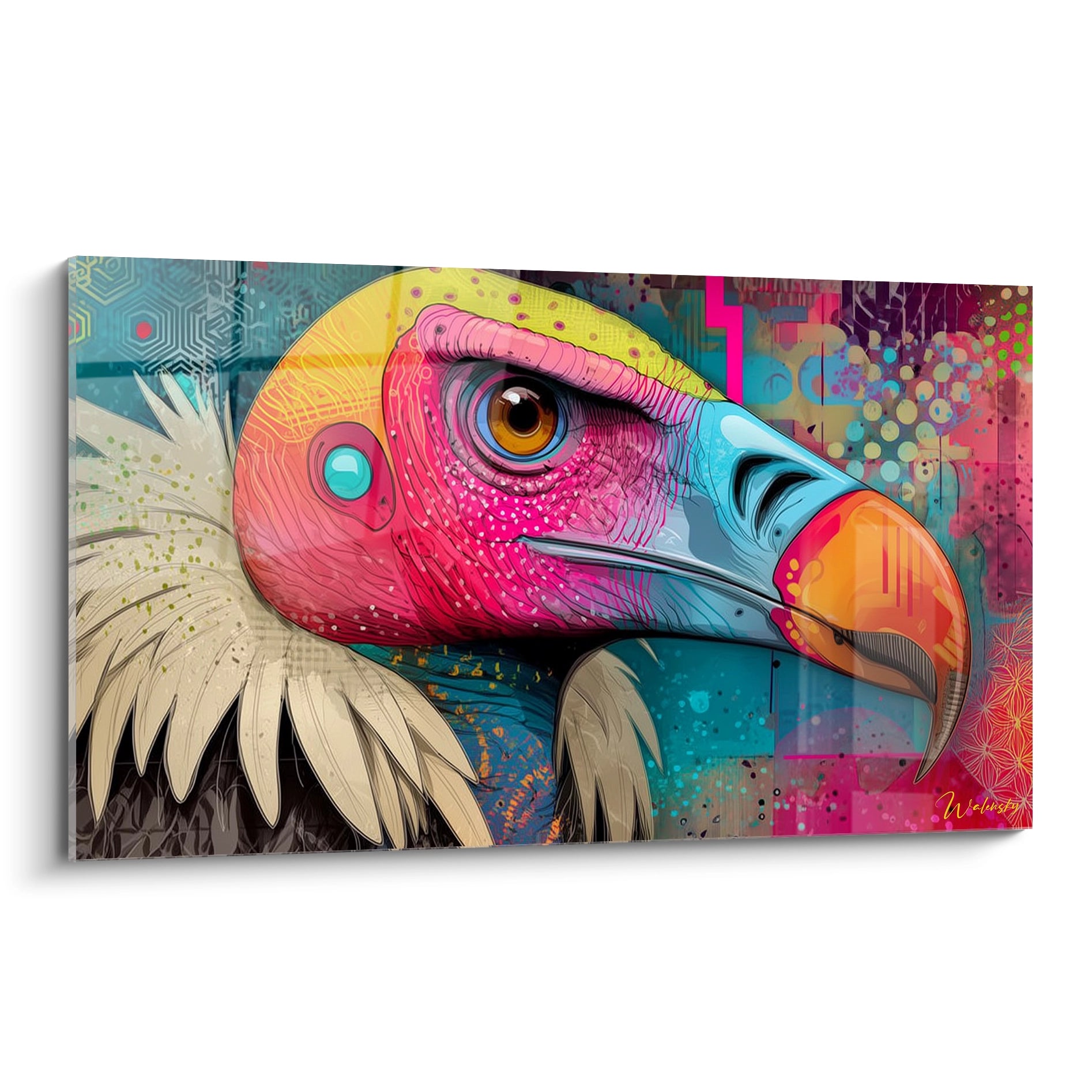 Tableau mural vautour coloré style pop art psychédélique aux couleurs vives rose turquoise orange