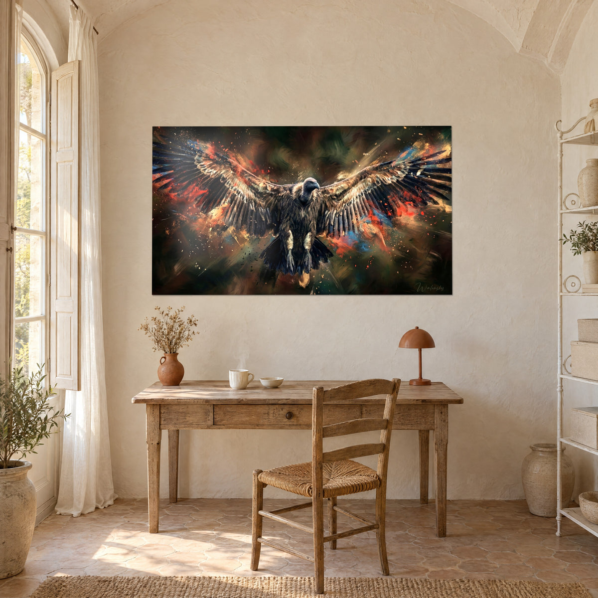 Quadro di un aquila-avvoltoio in un'esplosione di colore, toni ambra e verde foresta, appeso sopra una scrivania in legno chiaro