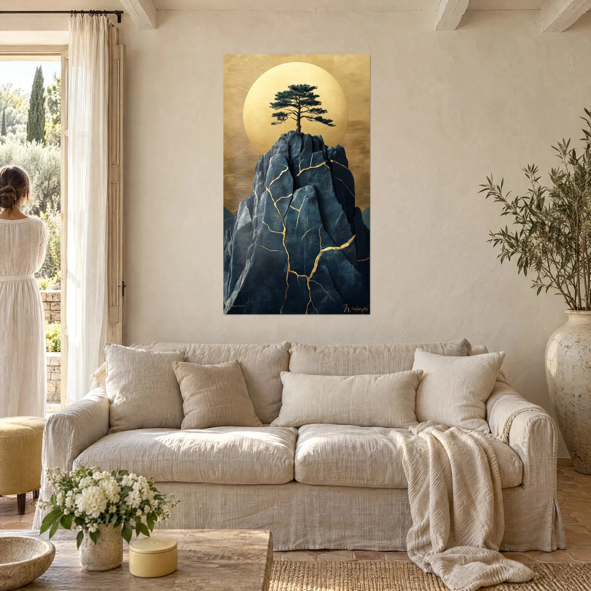 Wall art lone pine on a midnight-blue rock peak veined with gold, golden sun in the background, above a sofa in a bright living room