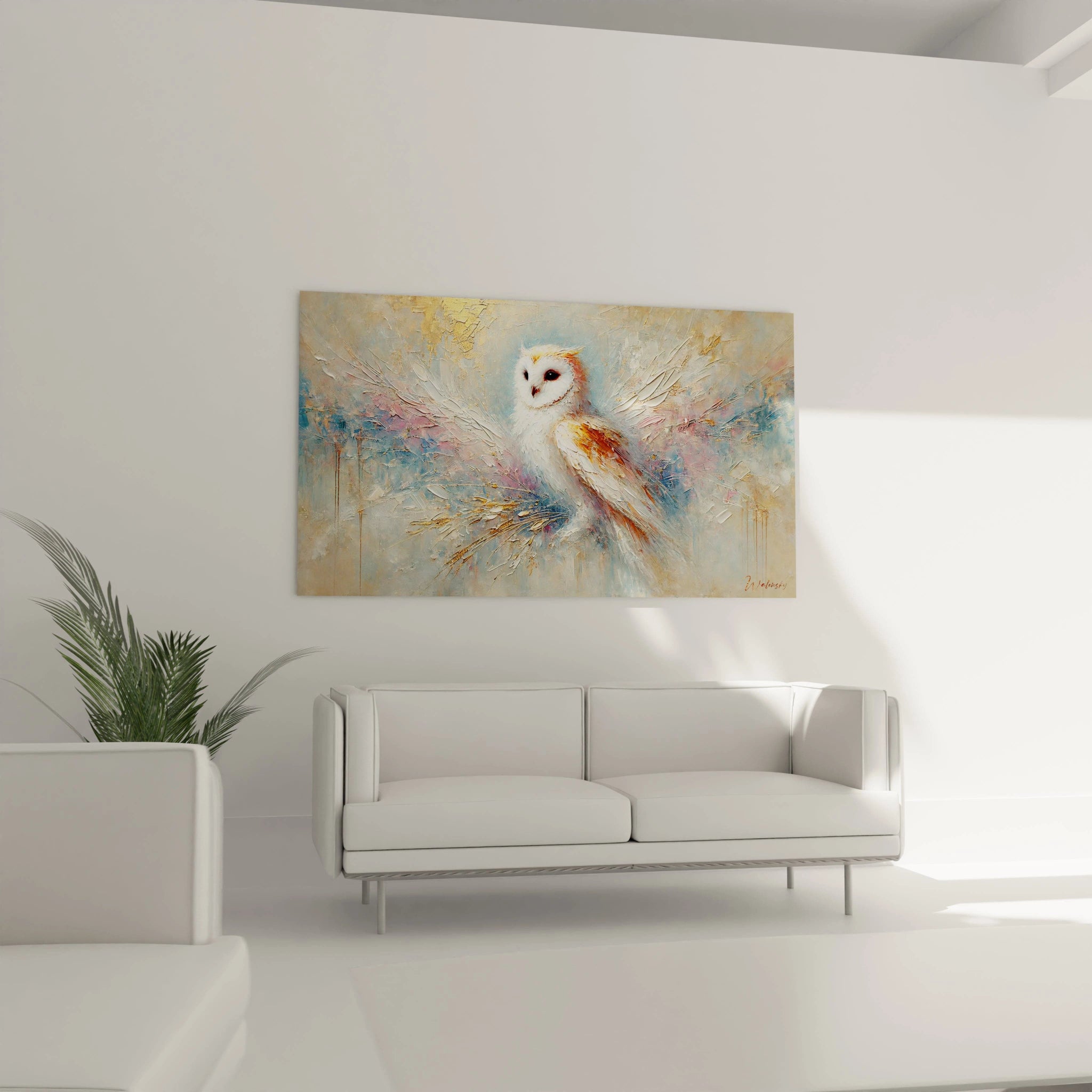 Tableau hibou suspendu au mur d un salon au dessus du canape. Ce tableau apporte une luminosite subtile grace aux touches dorees et une atmosphere poetique.