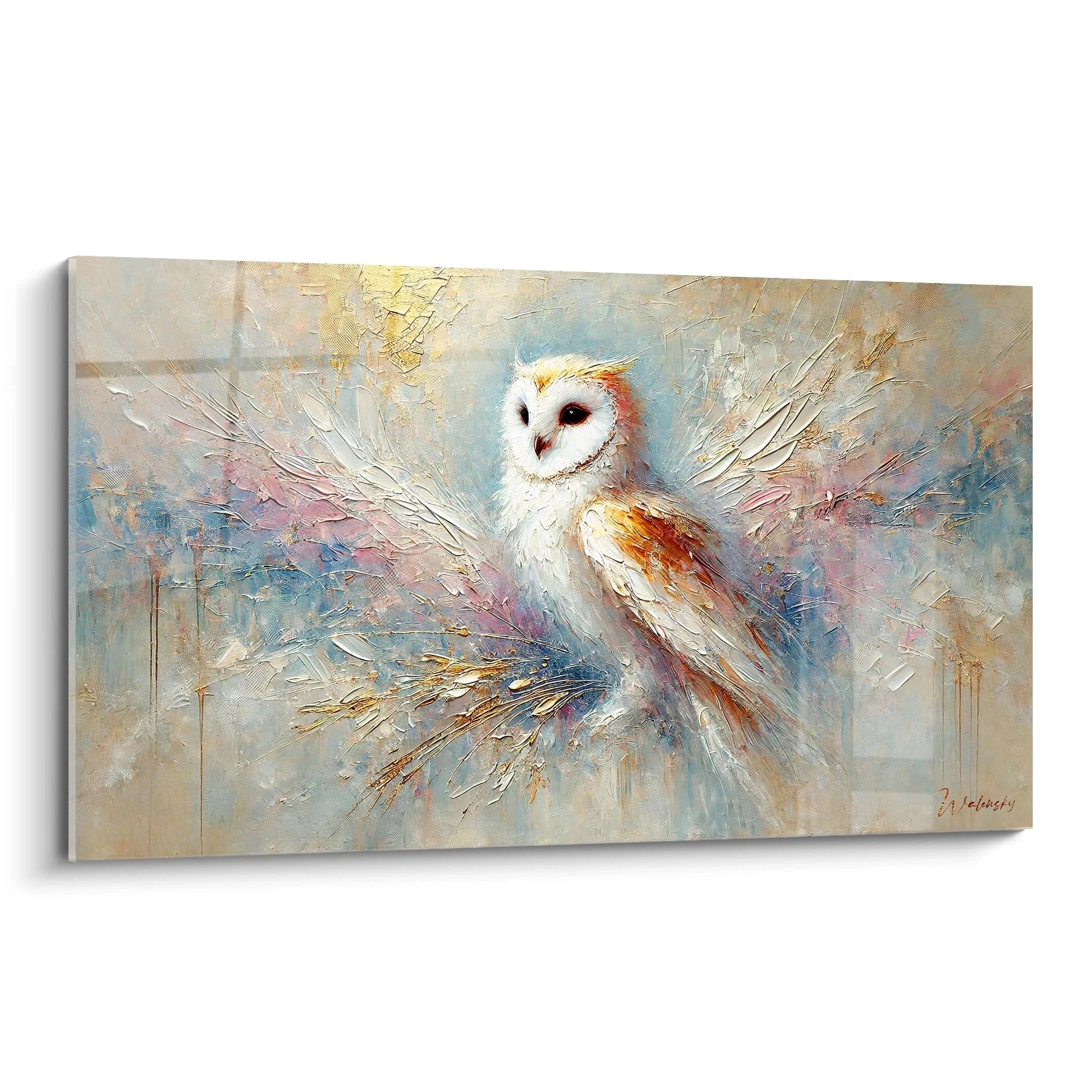 Tableau hibou representant un hibou majestueux avec des touches dorees et des nuances douces. Parfait pour ajouter une note d elegance a votre decoration.