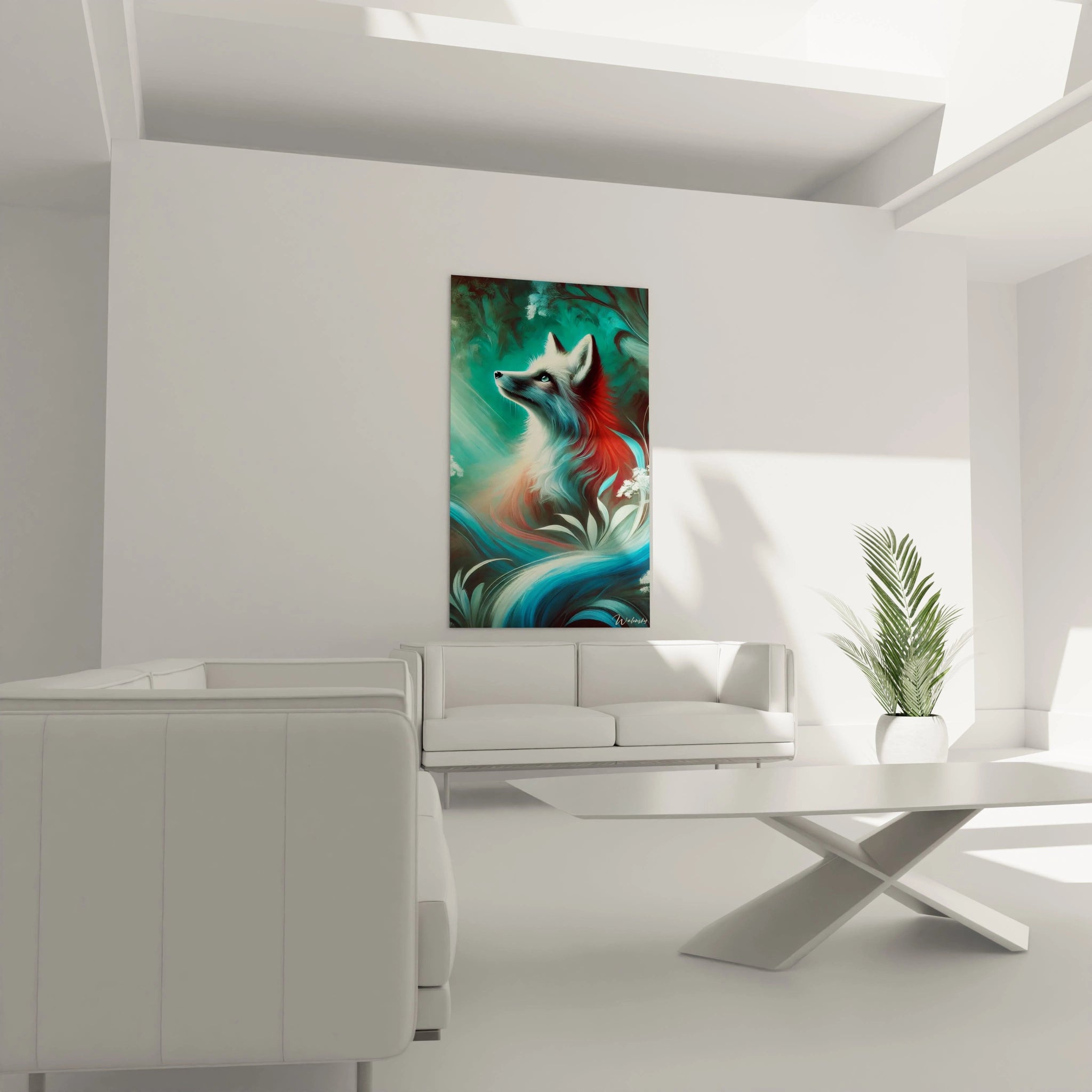 Appréciez ce tableau renard au-dessus du canapé dans votre salon, où sa beauté naturelle et son ambiance douce transforment votre espace en un havre de paix.