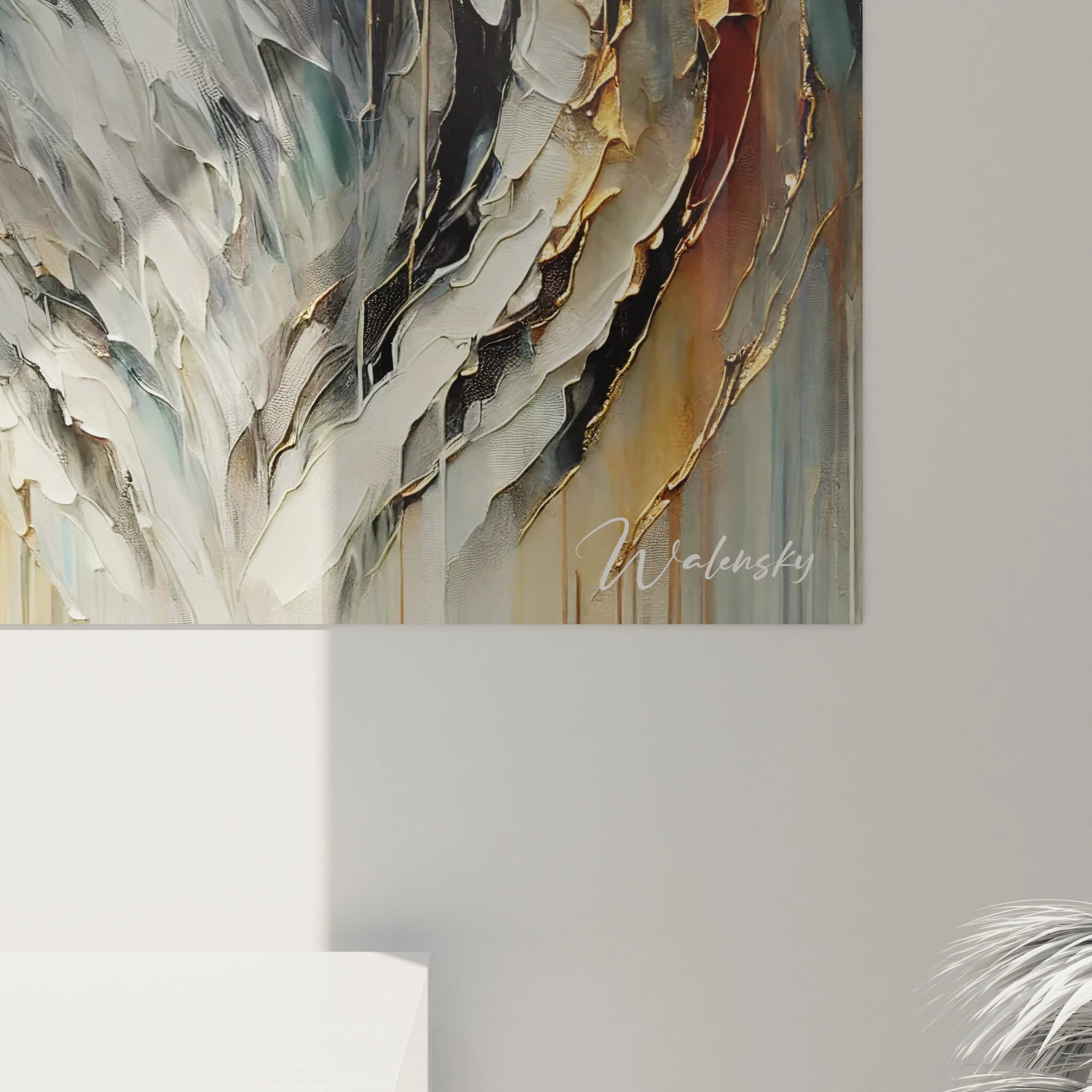 En vue rapprochée, ce tableau tigre révèle des détails minutieux du pelage et des touches dorées lumineuses, soulignant la noblesse de cet animal emblématique dans un style artistique raffiné et puissant.