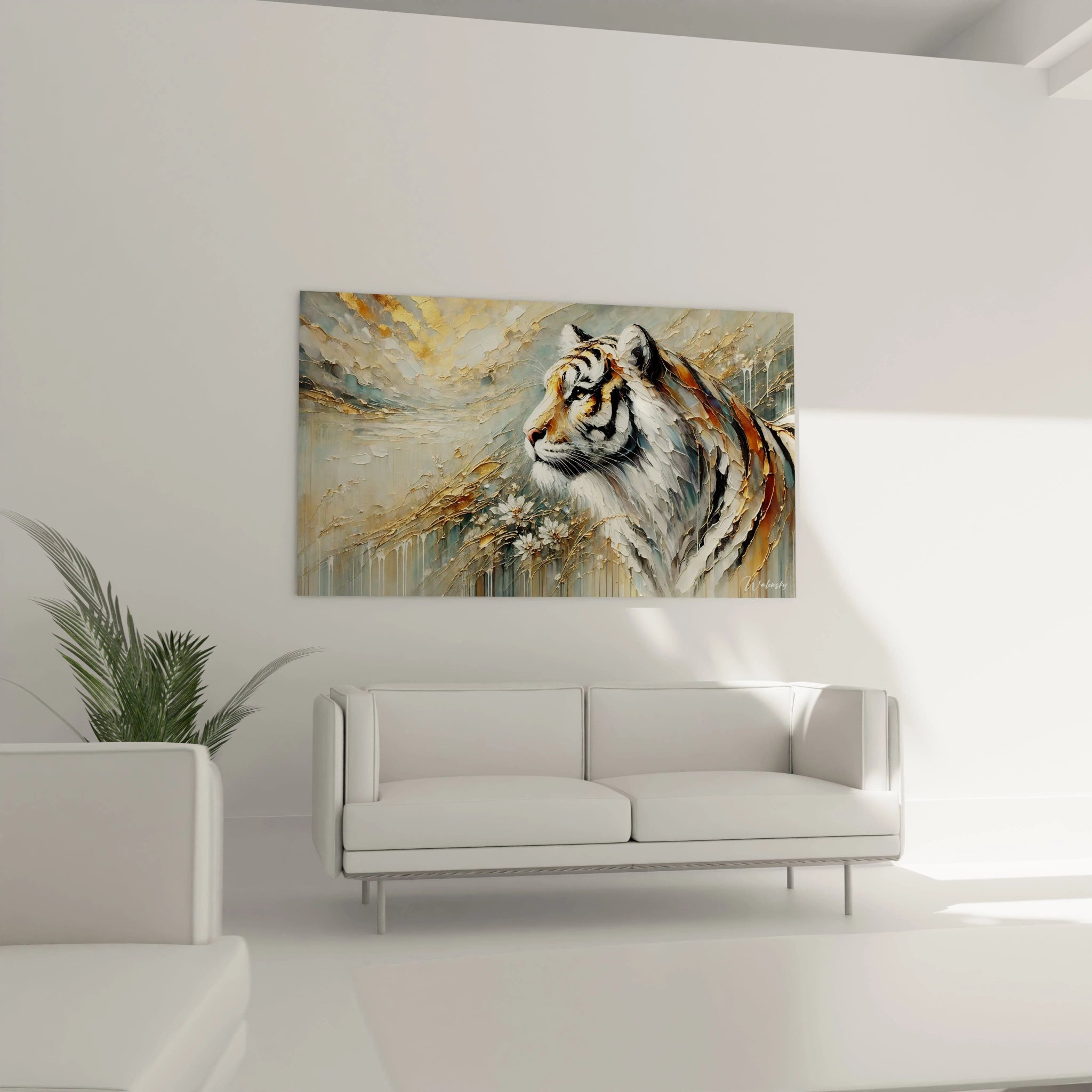 Ce tableau tigre au-dessus d'un canapé dans le salon devient un point focal impressionnant. Il allie l’élégance et la force du tigre, idéal pour renforcer le caractère de votre décoration moderne.
