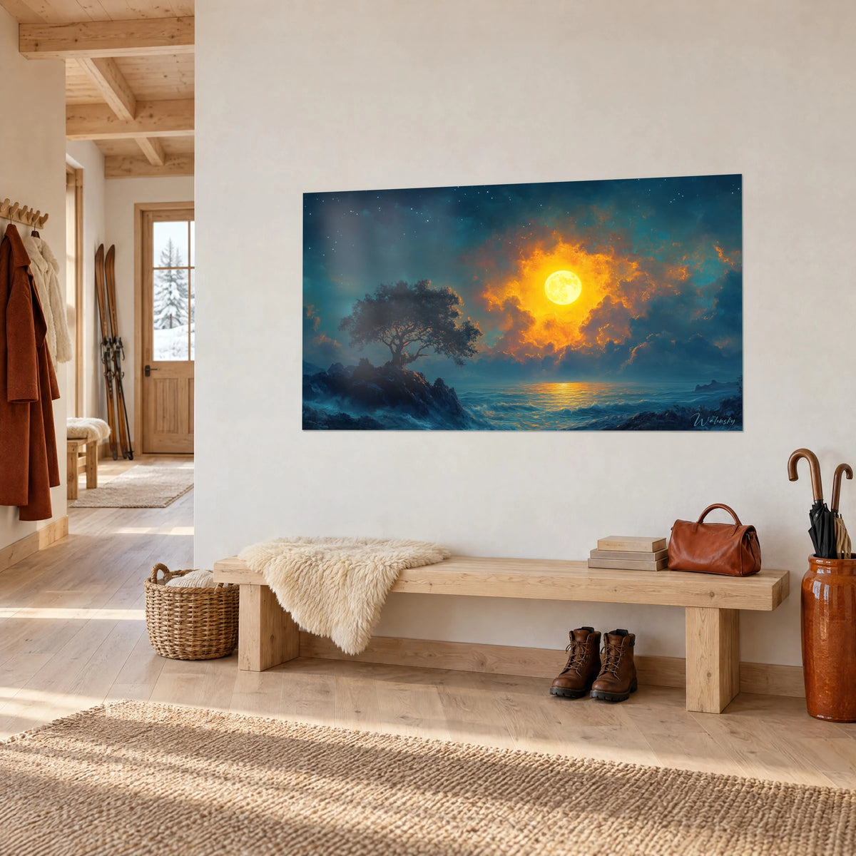 Tableau pleine lune jaune citron cerclée de flammes orangées, arbre noir sur falaise, au-dessus d'un banc de chalet