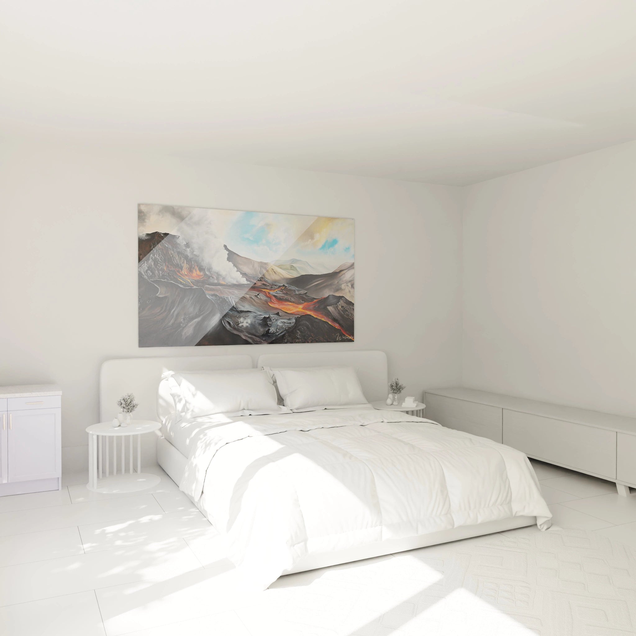 Tableau volcanique montrant un paysage montagneux sombre avec des flots de magma incandescent orange-rouge qui serpentent entre les roches noires et grises, surmonté d'un ciel bleu pâle et de nuages blancs.