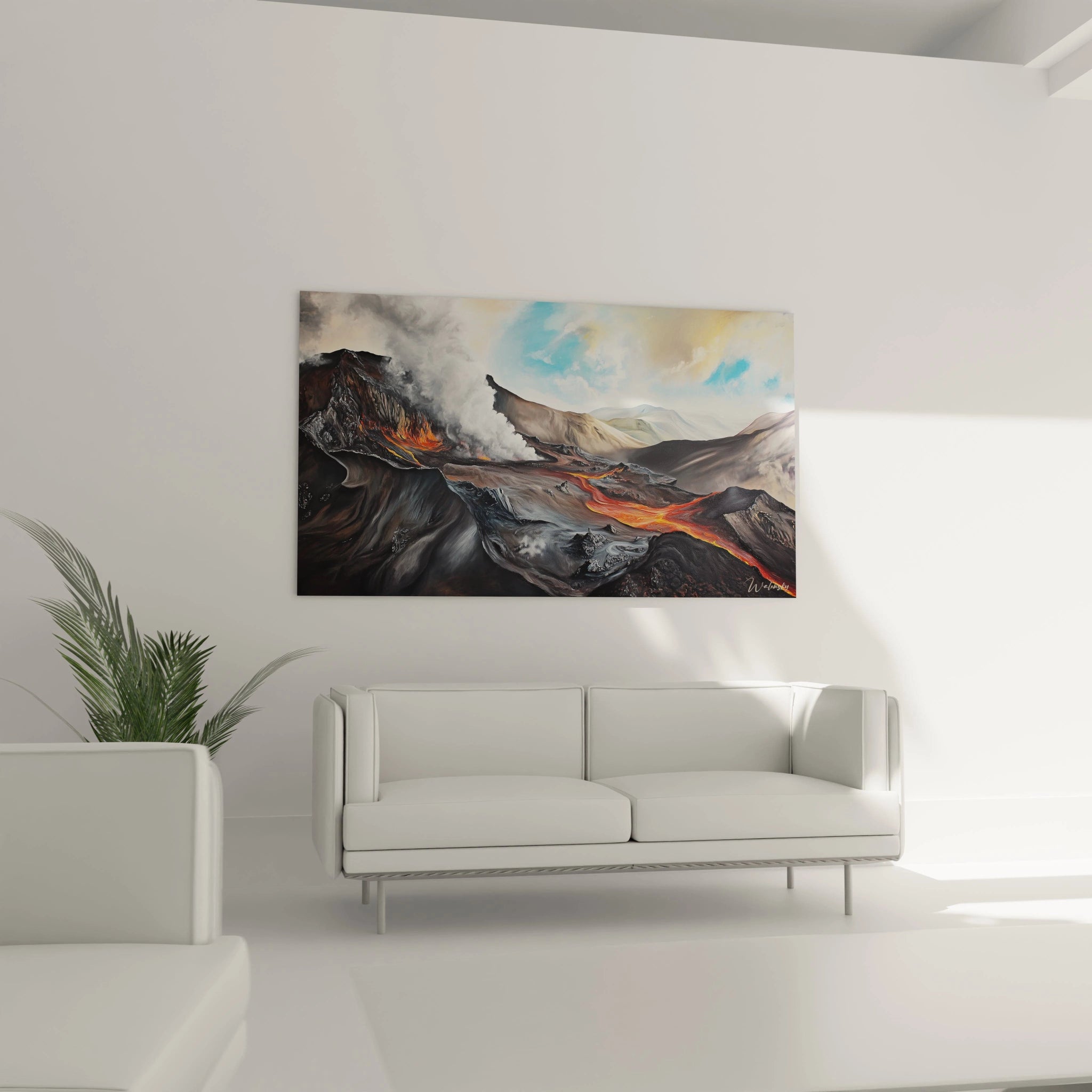 Un tableau de paysage volcanique aux tons contrastés de noir, gris et orange ardent, illustrant une éruption active avec fumée blanche et coulées de lave rougeoyantes sur terrain rocheux escarpé sous un ciel bleu lumineux.