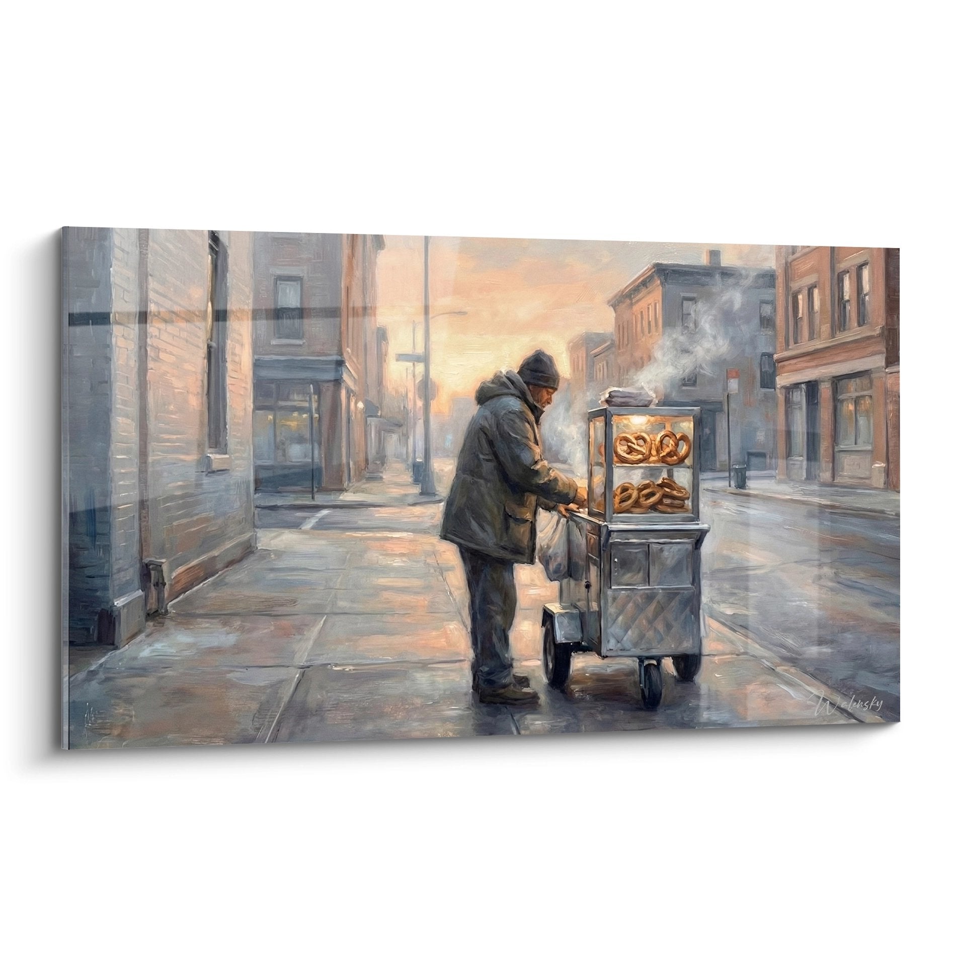 Tableau vendeur de bretzels rue pavée Manhattan tons ocre gris vapeur chariot ambiance urbaine nostalgique