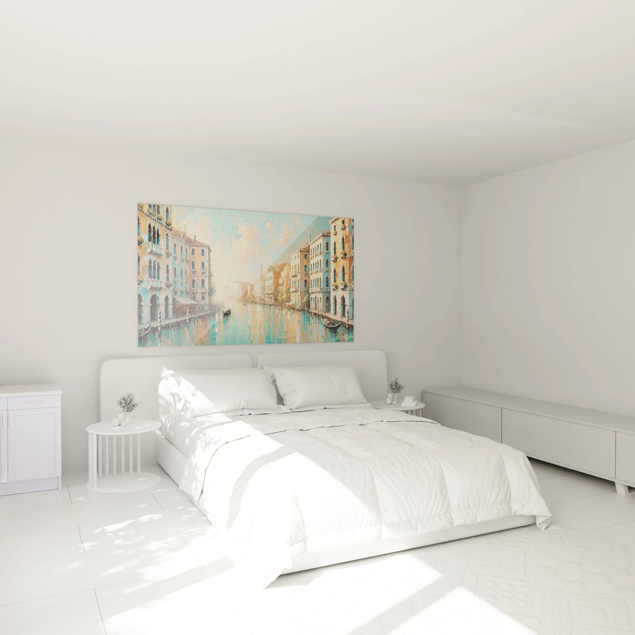 Accroché au mur d’une chambre, ce tableau Venise crée une ambiance romantique et apaisante avec ses teintes dorées et bleutées évoquant les canaux calmes sous la lumière matinale.