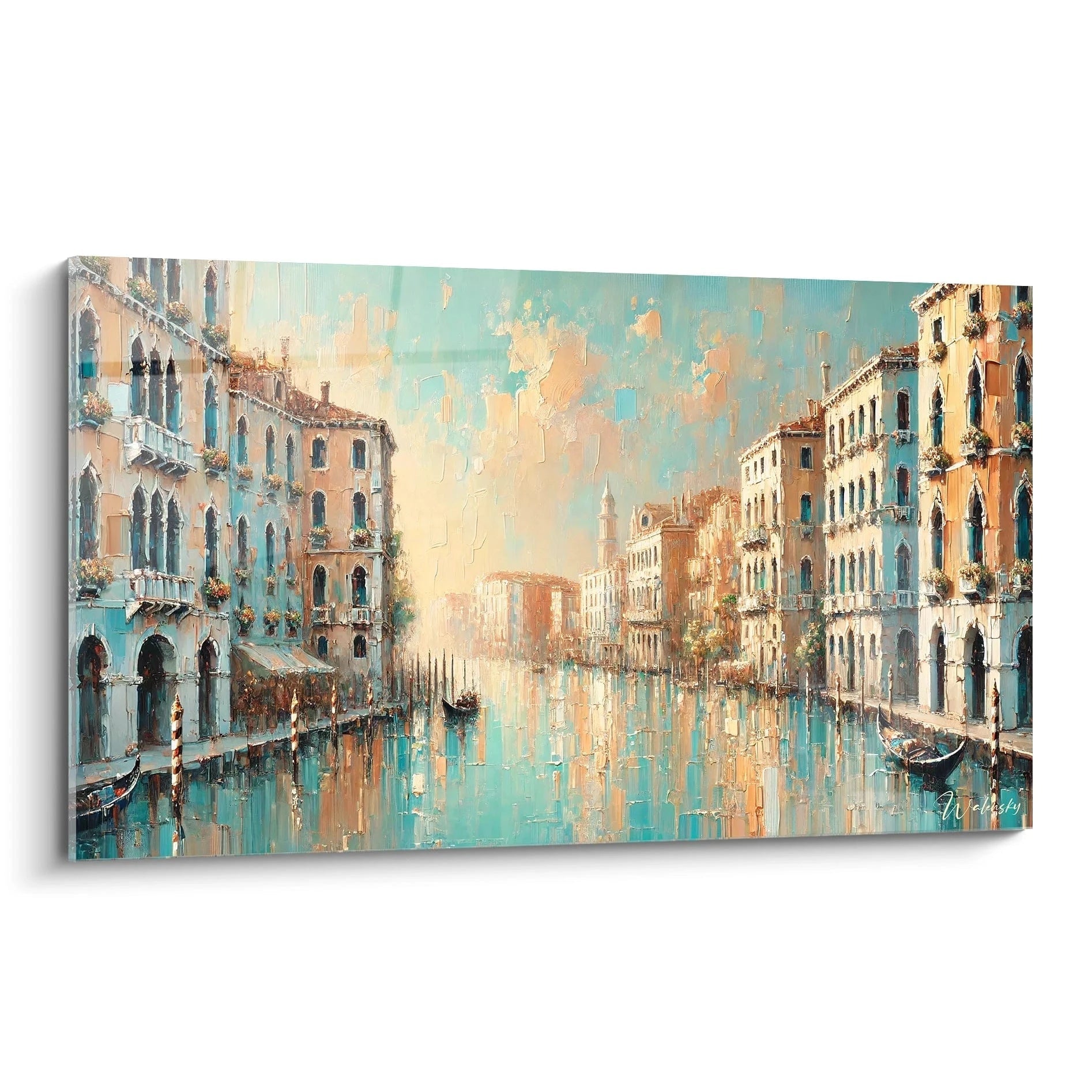 Une vue biaisée de ce tableau Venise révèle des tons bleu, beige et orange. Les coups de pinceaux vifs illustrent les reflets dorés des canaux et l’élégance intemporelle des palais vénitiens.