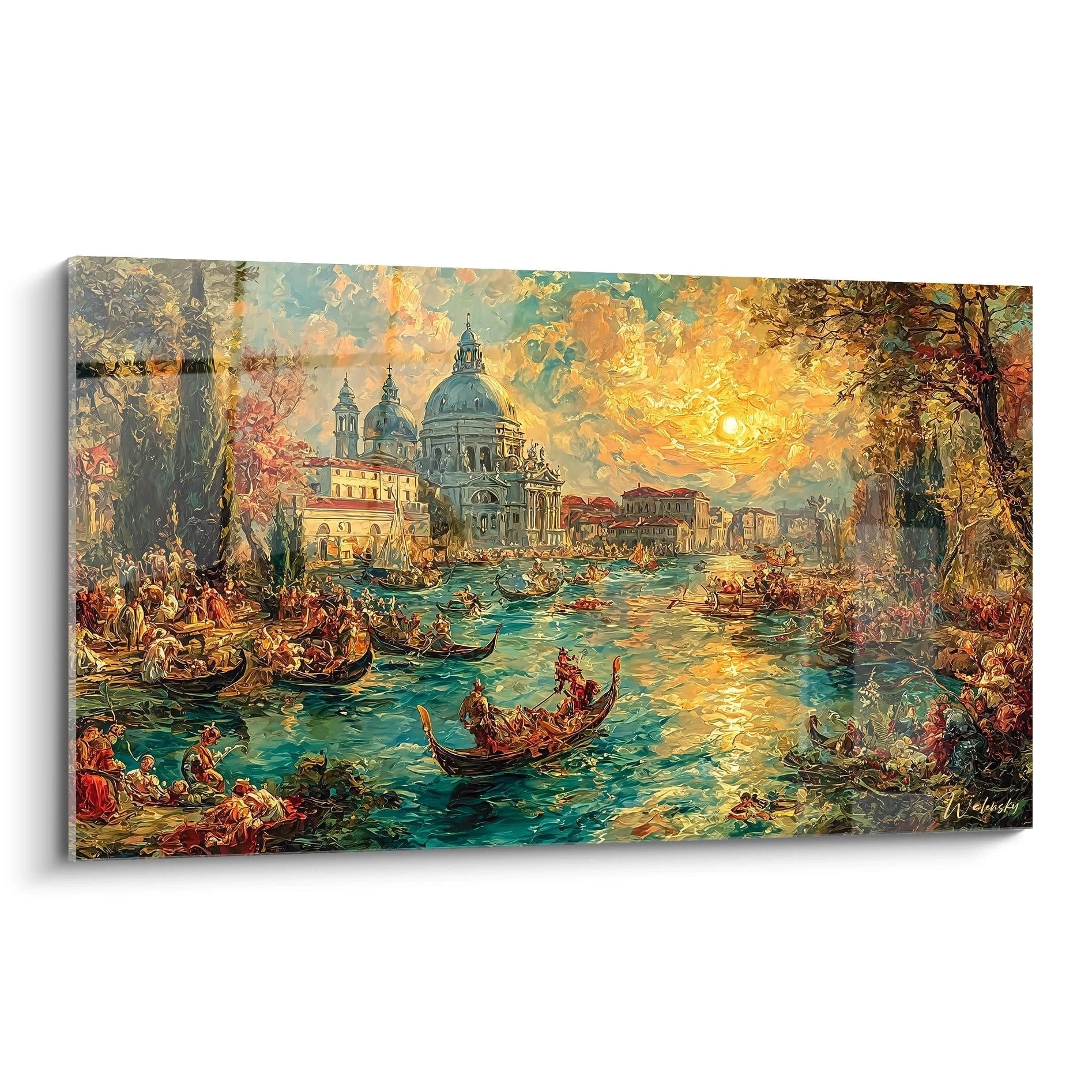 Tableau mural Walensky tableau Venise renaissance italienne montrant gondoles basilique et ciel dore au coucher du soleil