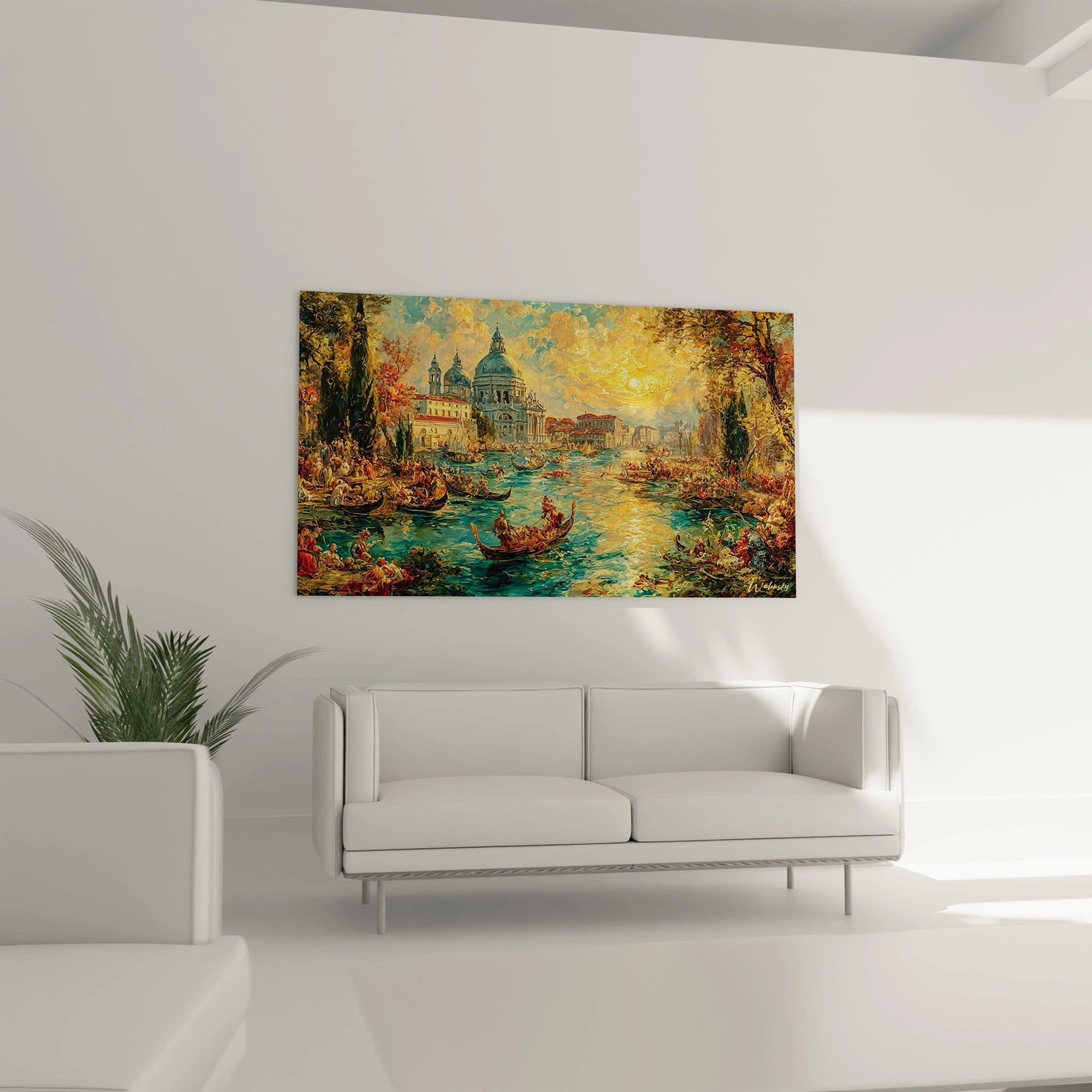 tableau Venise renaissance italienne Walensky accroché au dessus du canapé blanc dans salon lumineux minimaliste