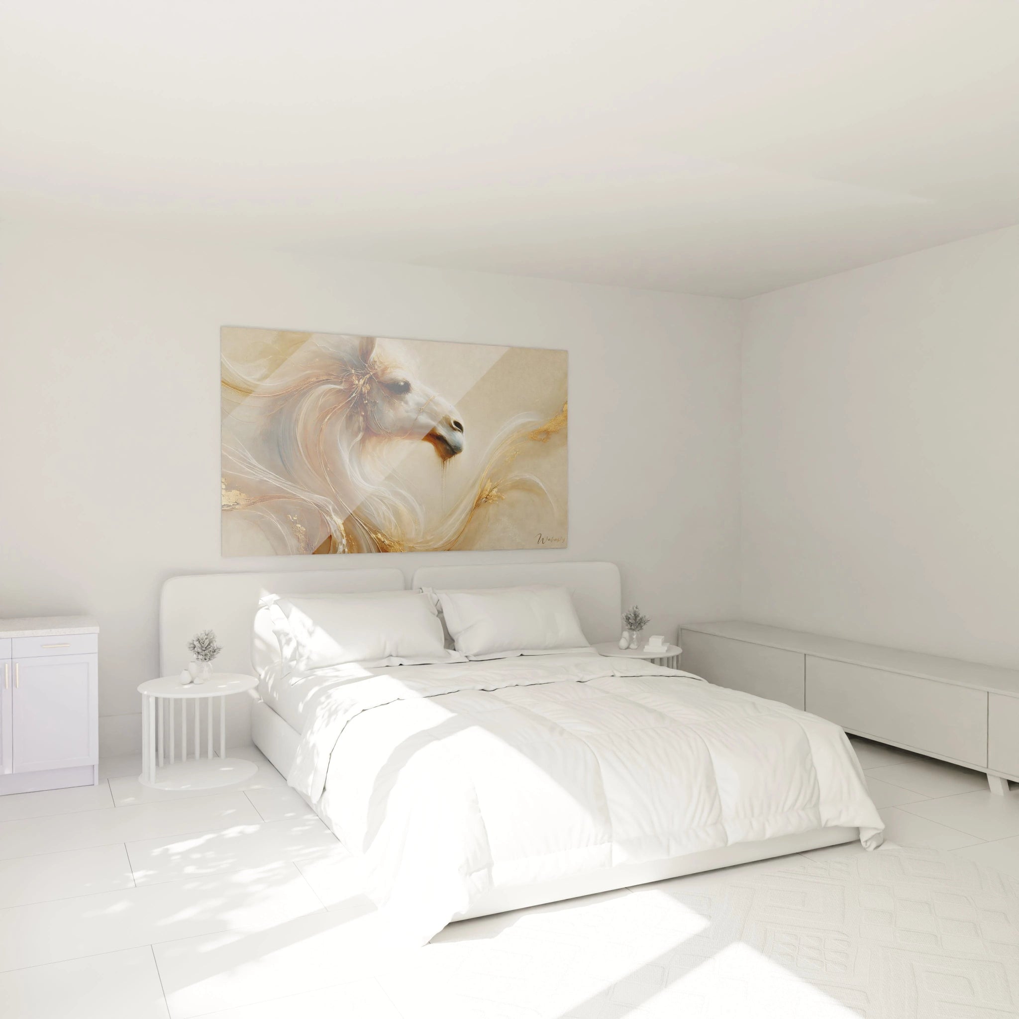 tableau dromadaire accroché au-dessus d’un lit dans une chambre. Les couleurs blanc or et beige s’harmonisent parfaitement avec le décor, ajoutant une touche élégante et apaisante à l’espace.