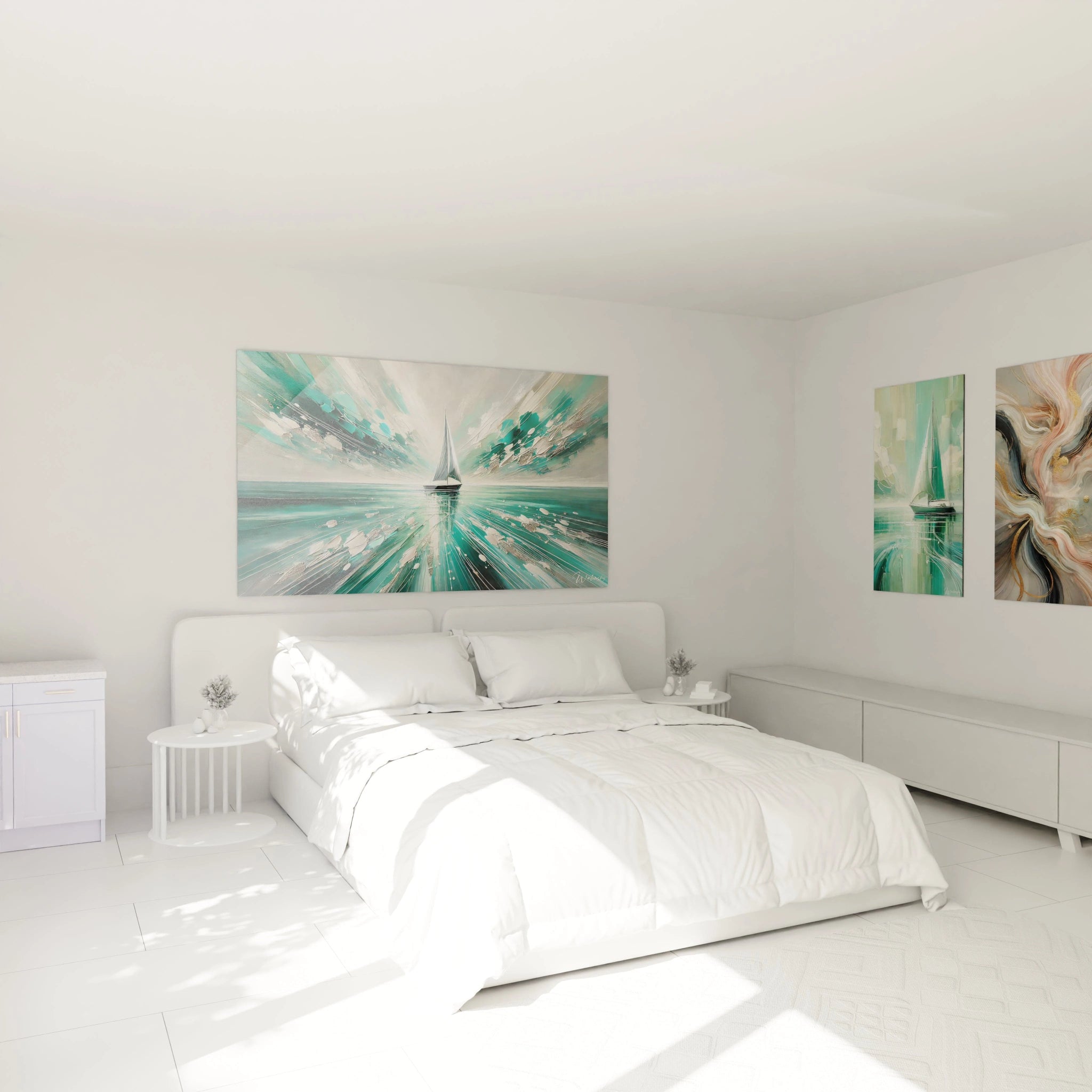 "Le tableau voilier, accroché au-dessus du lit, apporte une touche de sérénité avec ses tons de bleu et de vert. Parfait pour créer une atmosphère calme et moderne dans la chambre."