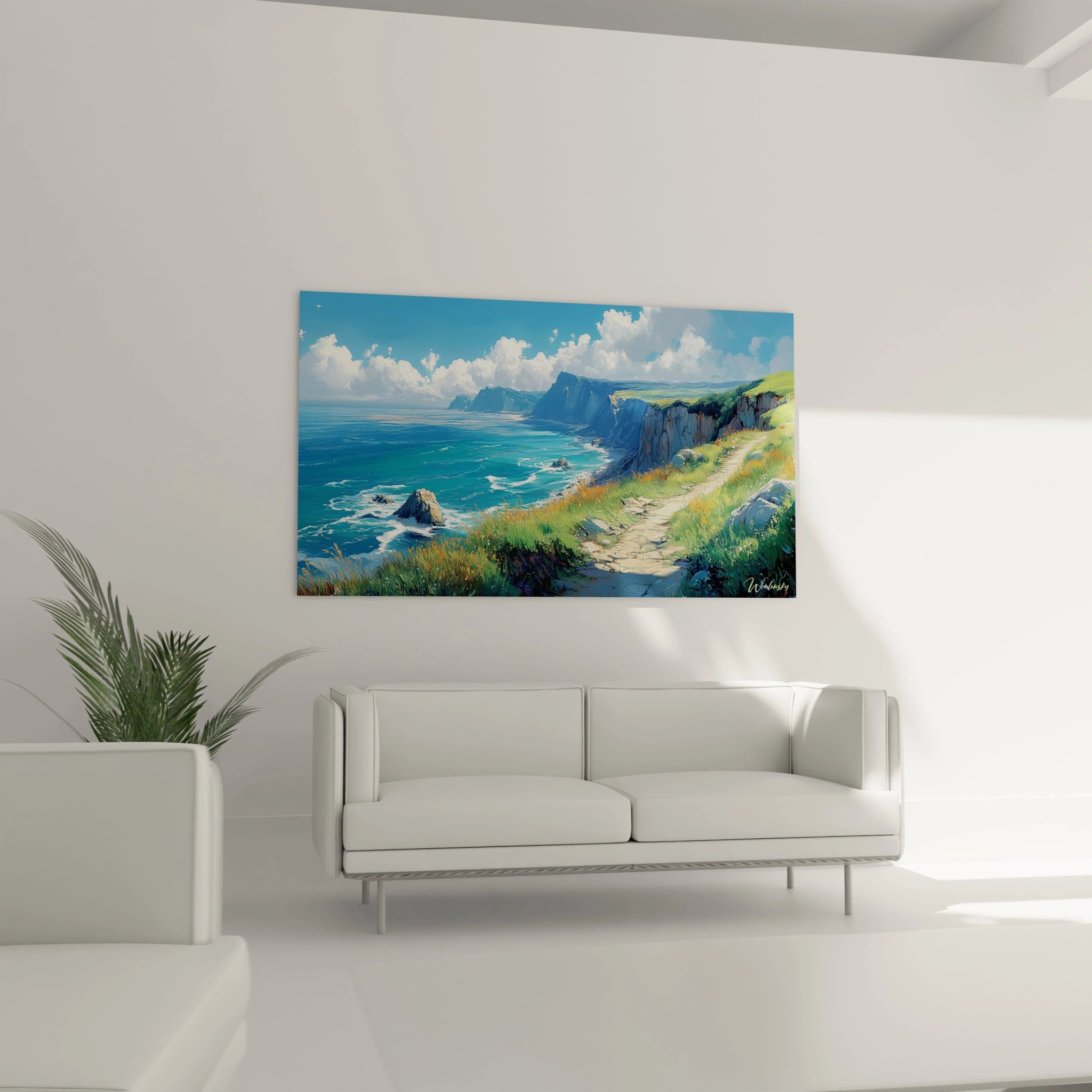Un tableau côtier représentant un sentier de randonnée serpentant le long de falaises vertigineuses, surplombant une mer aux dégradés de bleu turquoise, avec des vagues blanches s'écrasant contre les rochers, sous un ciel azur orné de nuages cotonneux.