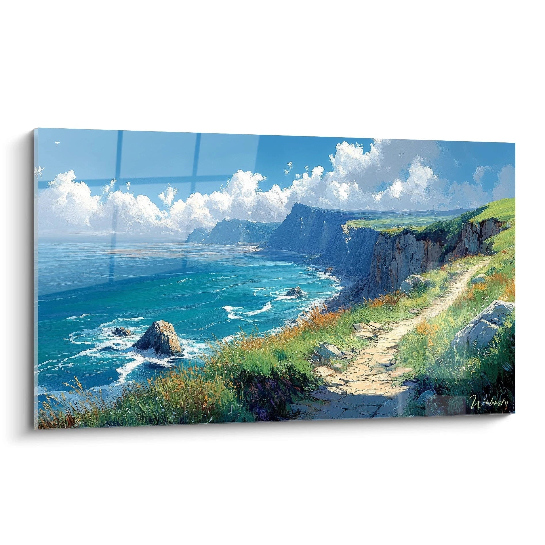 Un tableau panoramique de côte sauvage présentant un sentier sinueux longeant des falaises escarpées, avec une mer turquoise éclatante, des herbes vertes ondulantes teintées d'orange, et un ciel bleu parsemé de nuages blancs volumineux.