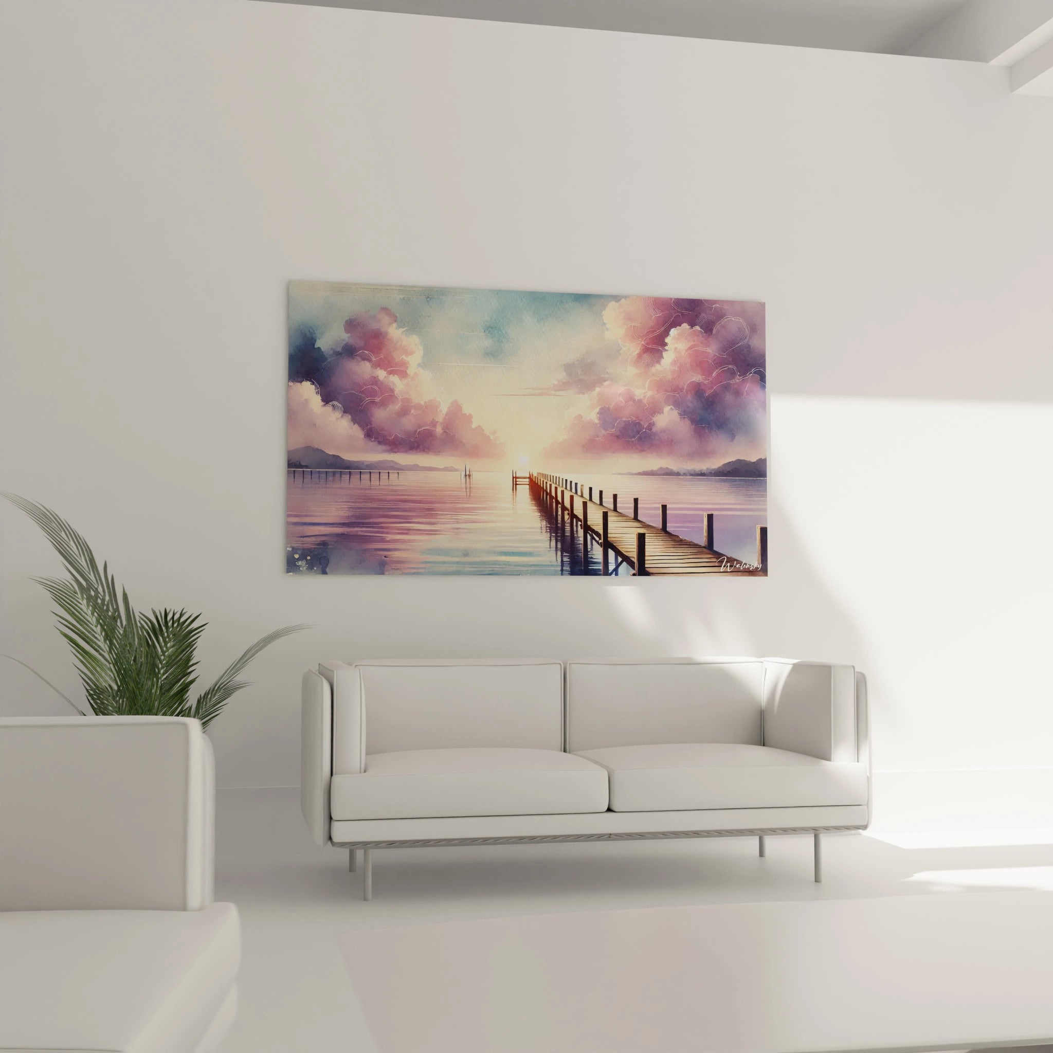 tableau Marin dans un salon au dessus du canapé capturant la douceur de l horizon marin et les reflets lumineux des nuages rosés ajoutant une touche d evasions et de calme a l espace