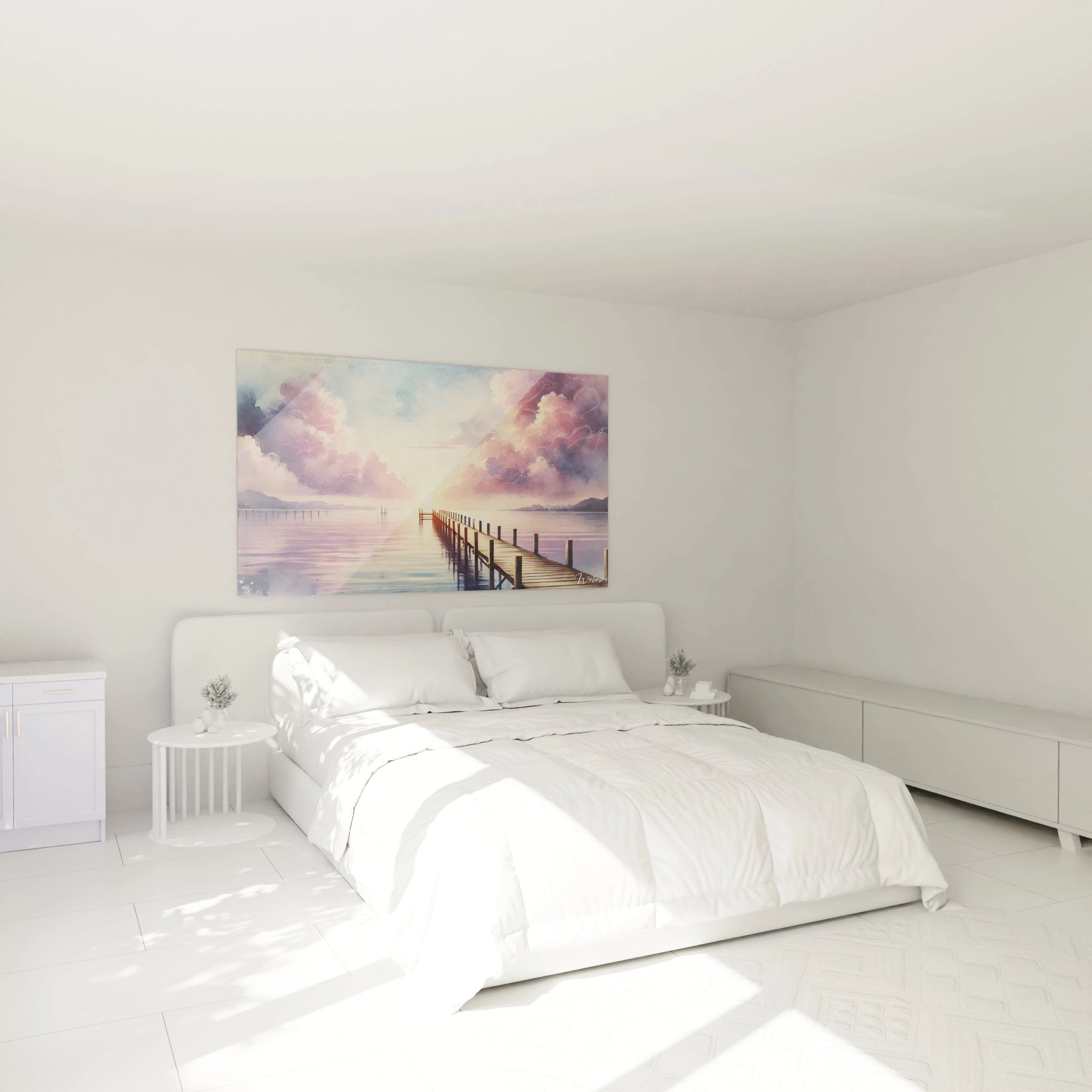 tableau Marin accroché au mur dans une chambre au dessus du lit offrant une ambiance de serenite inspiree par les nuances douces de violet et rose parfait pour une decoration apaisante et intime
