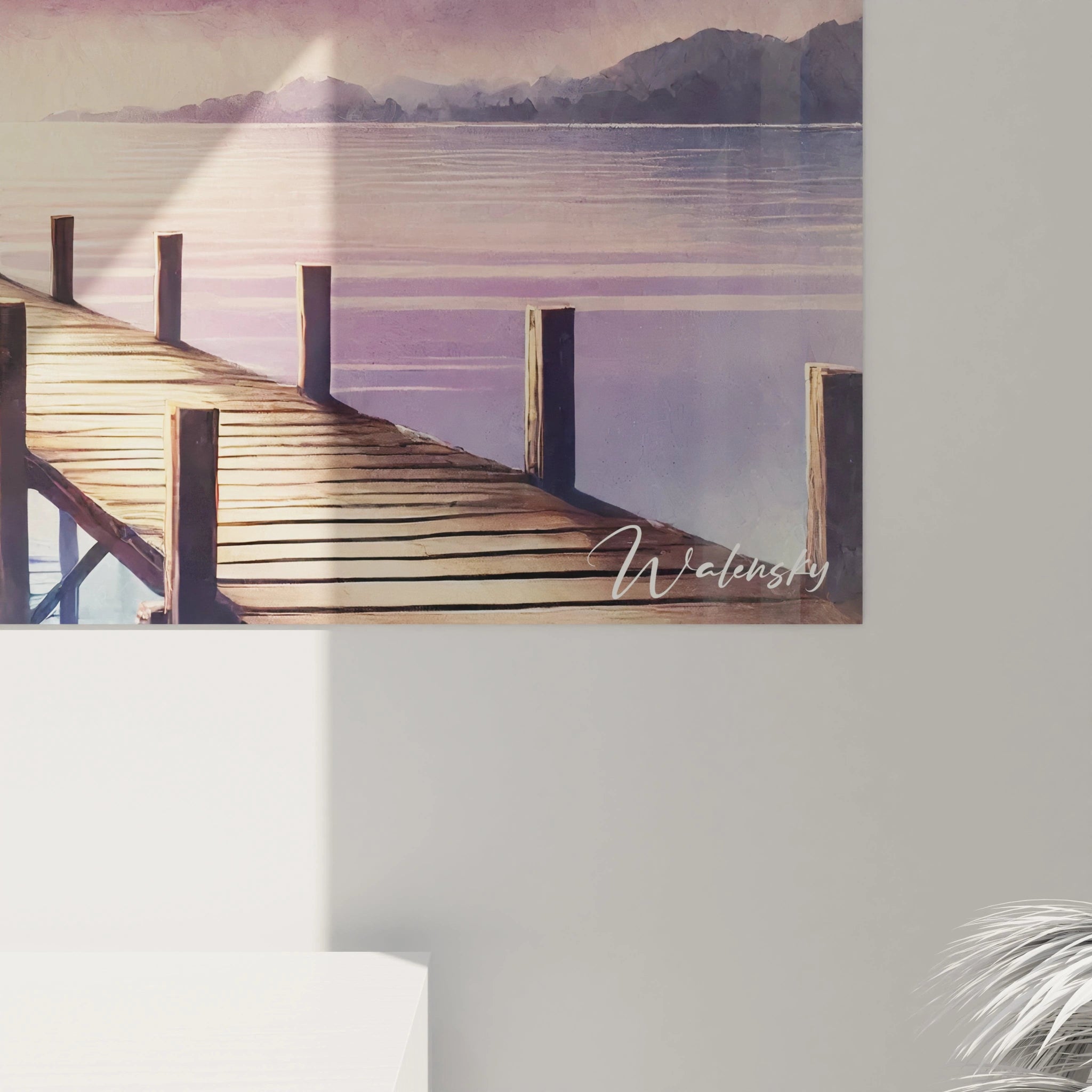 tableau Marin vue de pres avec des details precis des couleurs violet rose et bleu evoquant une scene immersive et poetique parfaite pour une touche de serenite