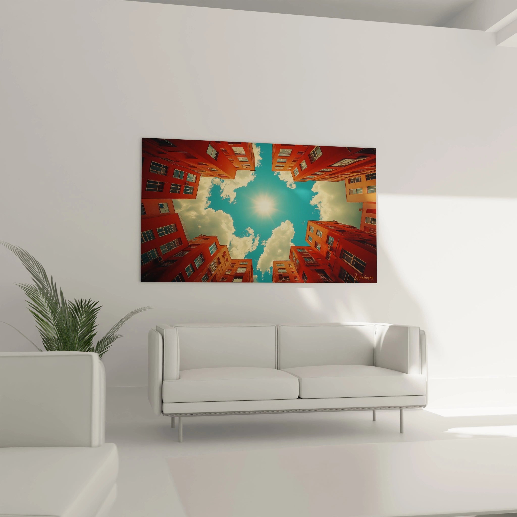 Tableau mural street art Walensky avec vue perspective sur des bâtiments rouges sous un ciel bleu lumineux