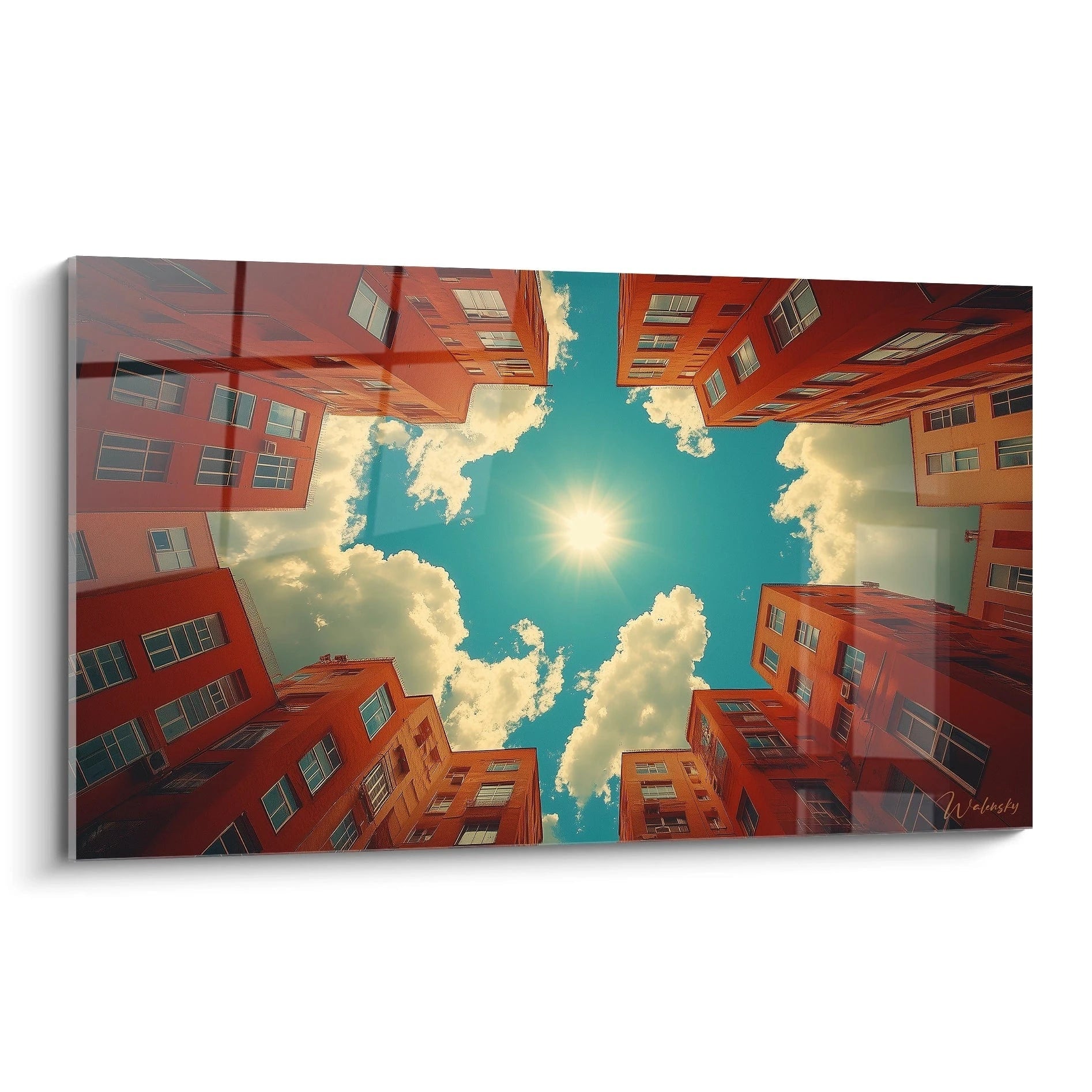 Tableau mural street art Walensky représentant un ciel ensoleillé vu entre des bâtiments rouges