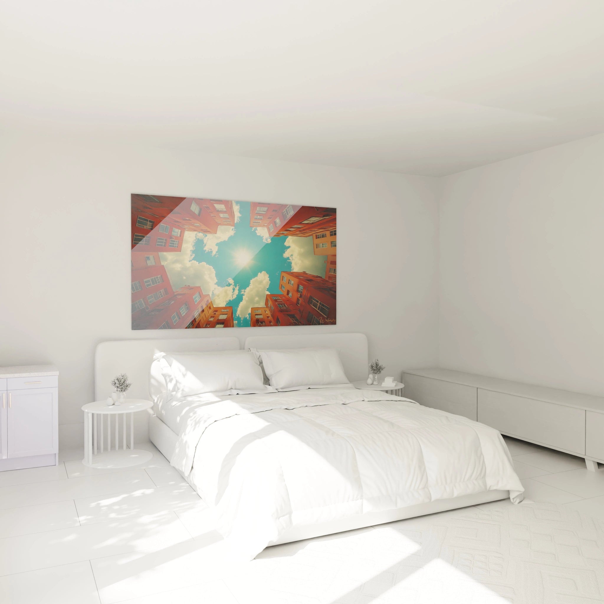 Tableau mural street art de Walensky avec vue dynamique sur des bâtiments colorés et ciel bleu dans une chambre moderne