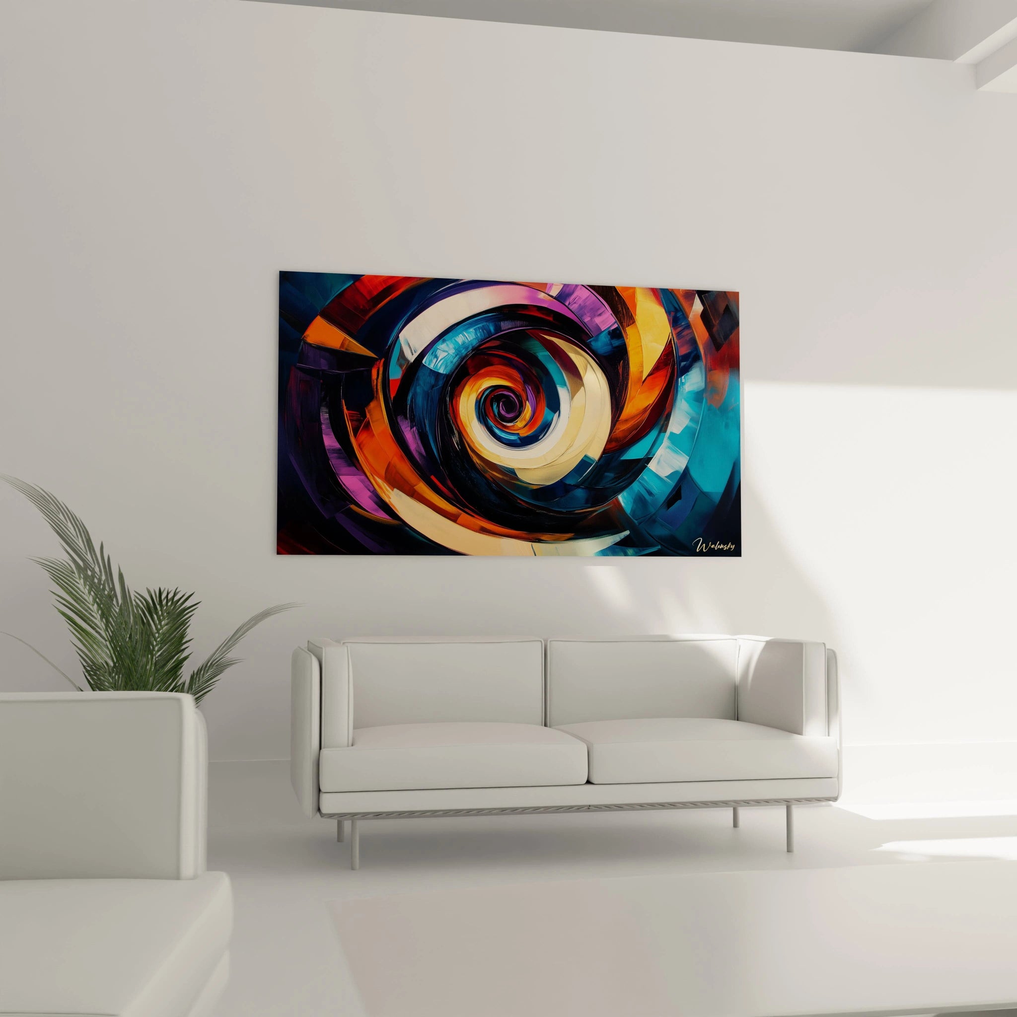 Un tableau abstrait spirale géométrique composé d'arcs colorés formant un motif circulaire parfait. Les segments en bleu turquoise, orange vif et violet s'entrecroisent avec précision, créant une structure concentrique aux transitions chromatiques fluides et aux reflets lumineux.