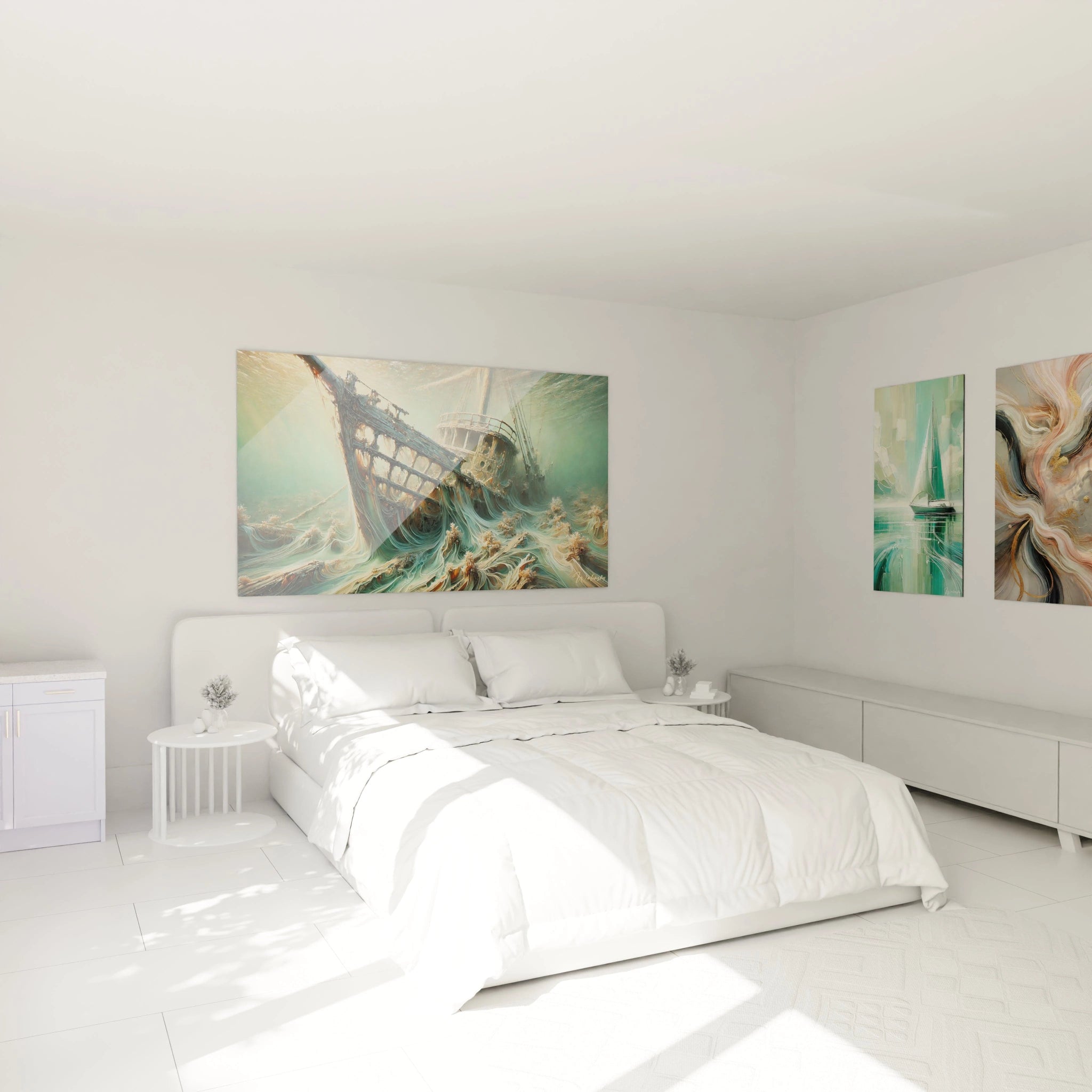 Dans cette chambre, le tableau accrochĂ© au-dessus du lit apporte une ambiance mystĂ©rieuse. La scĂšne marine de lâĂ©pave engloutie, entourĂ©e de courants marins et de vĂ©gĂ©tation, Ă©voque la beautĂ© de lâocĂ©an.