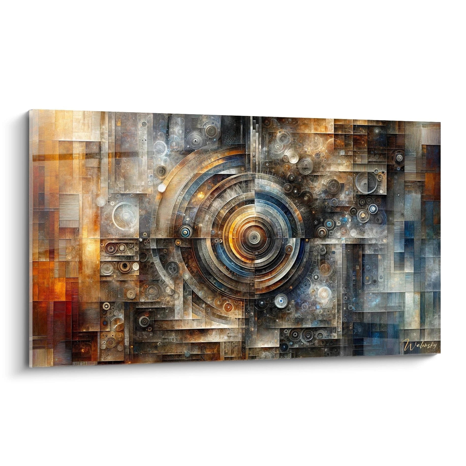 Tableau abstrait représentant une composition mécanique avec cercles concentriques centraux. Palette de couleurs métalliques alliant rouille orangée, bleu acier et gris argenté. Texture complexe combinant formes géométriques, motifs circulaires et structures quadrillées. Organisation autour d'un point focal central rayonnant avec anneaux circulaires entourés d'éléments mécaniques stylisés.