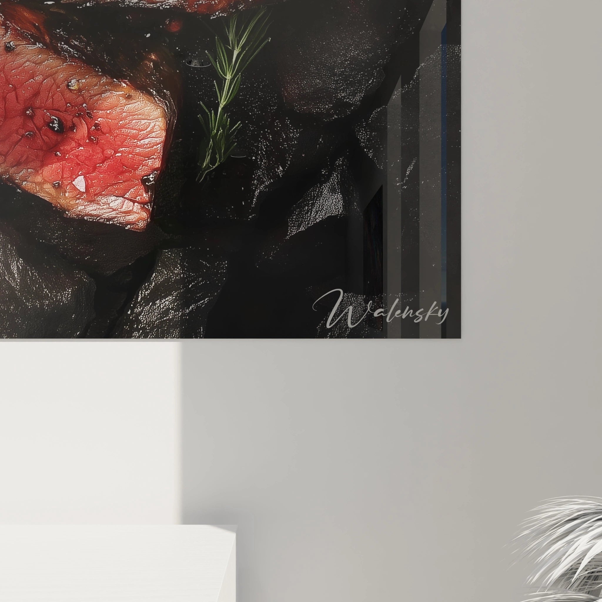 Tableau viande affichant une composition hyperréaliste de morceaux de viande saignante, texturés et grillés, sur un fond noir avec des détails d’épices et d’herbes vertes pour enrichir la scène.