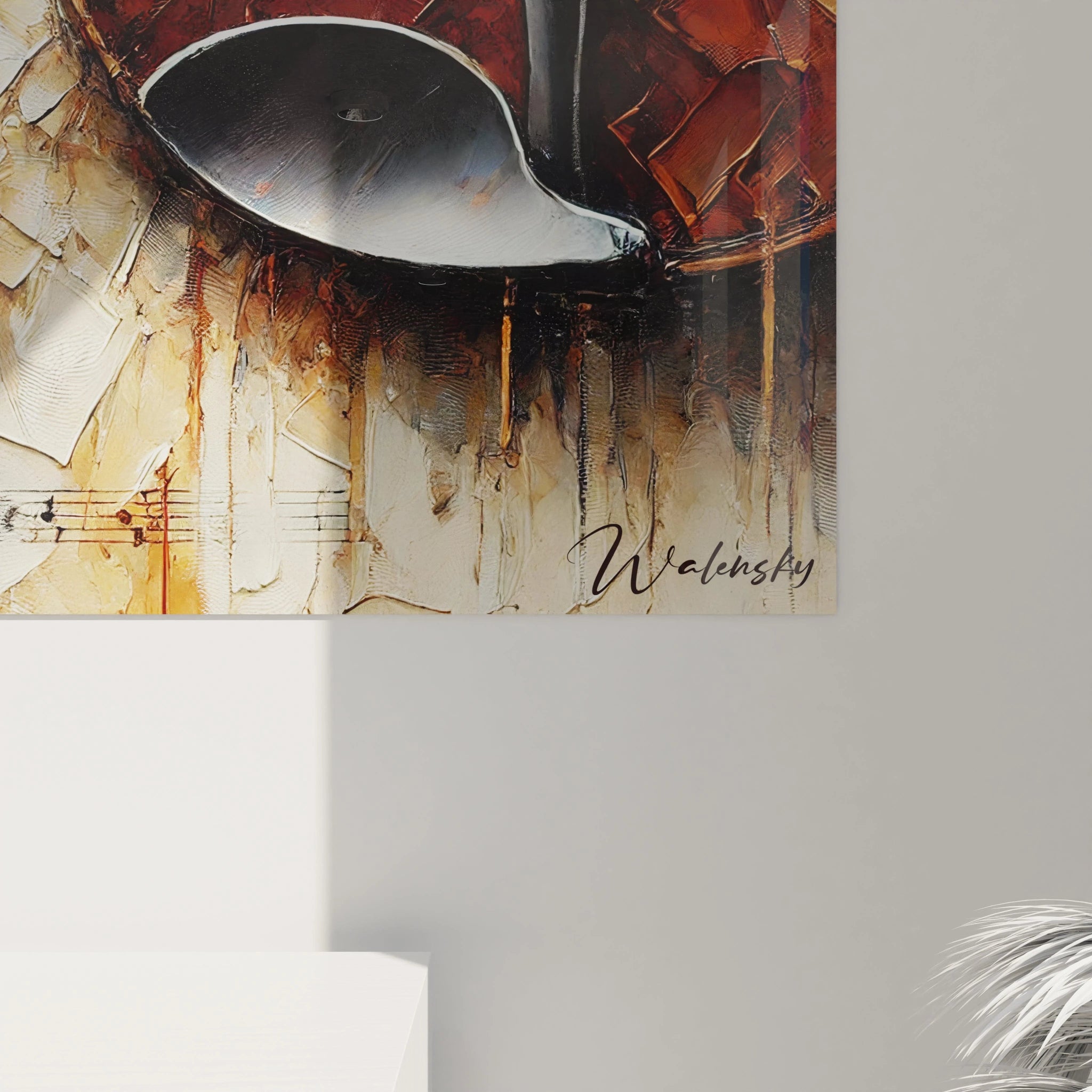 Zoom sur "Vibrations d'Ambre" : les dĂ©tails du violon et de la texture au couteau ressortent, avec ses teintes brunes et crĂšme. Une Ćuvre qui fusionne art visuel et musical. đ»âš