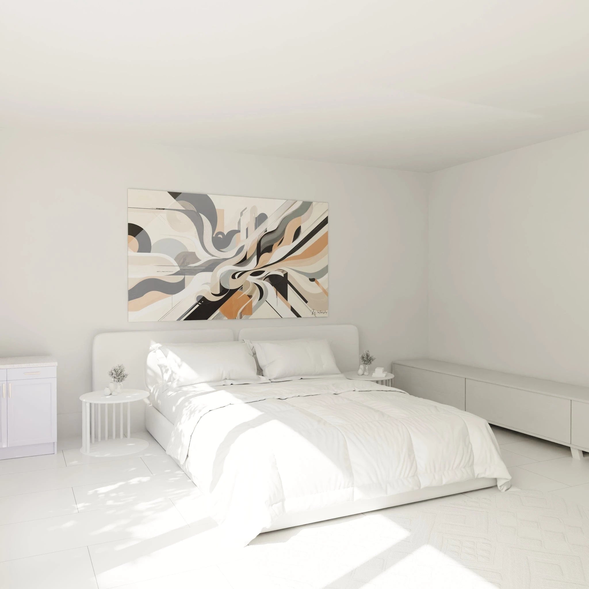 Tableau abstrait de courbes dynamiques. Dominantes chromatiques noir, blanc, gris ardoise et beige poudré. Mouvements sinueux, superpositions de formes arrondies, lignes parallèles structurantes.