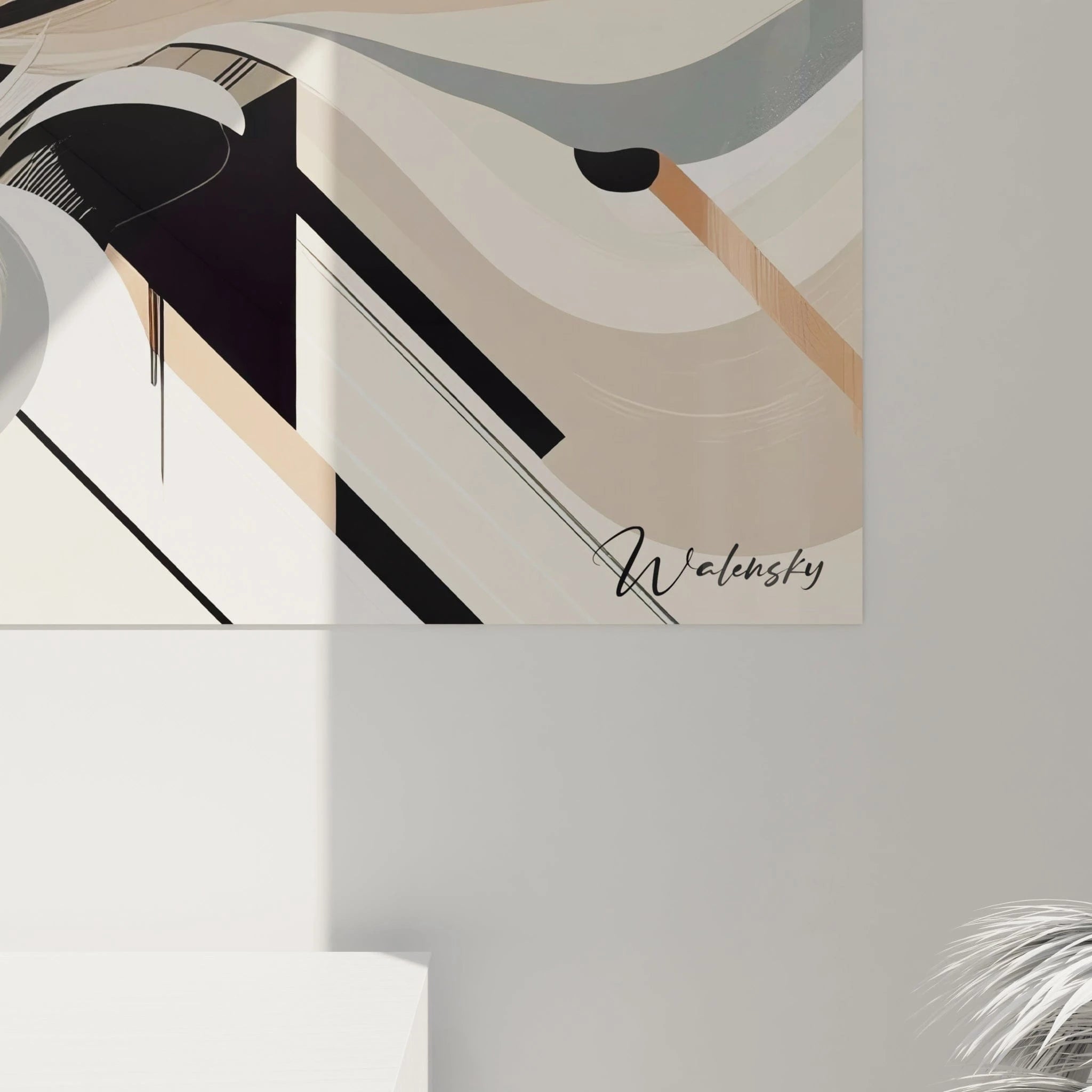 Tableau abstrait aux mouvements ondoyants. Nuances de noir graphite, blanc cassé, gris métallique et rose terracotta. Entrelacs de lignes courbes, textures linéaires, géométries fragmentées.