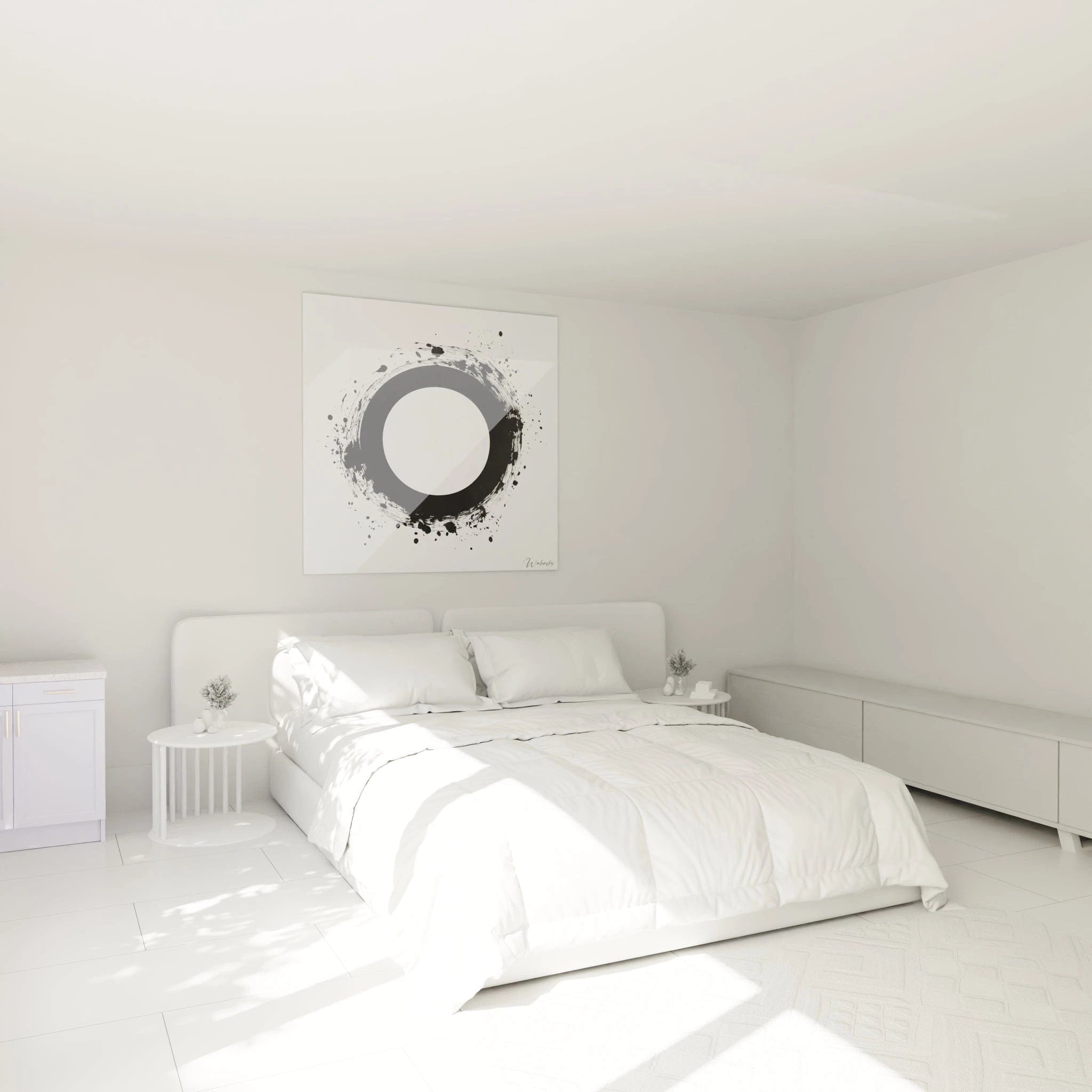 Tableau tacheté noir et blanc de Walensky accroché au mur d'une chambre lumineuse