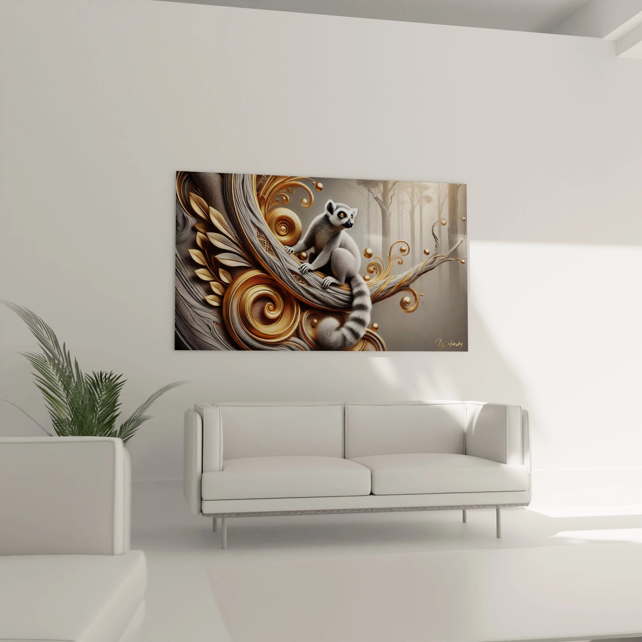 Dans ce salon, le tableau lemurien capte le regard avec ses details dores et son ambiance mysterieuse. L animal observe son environnement, ajoutant une touche de magie naturelle au decor.