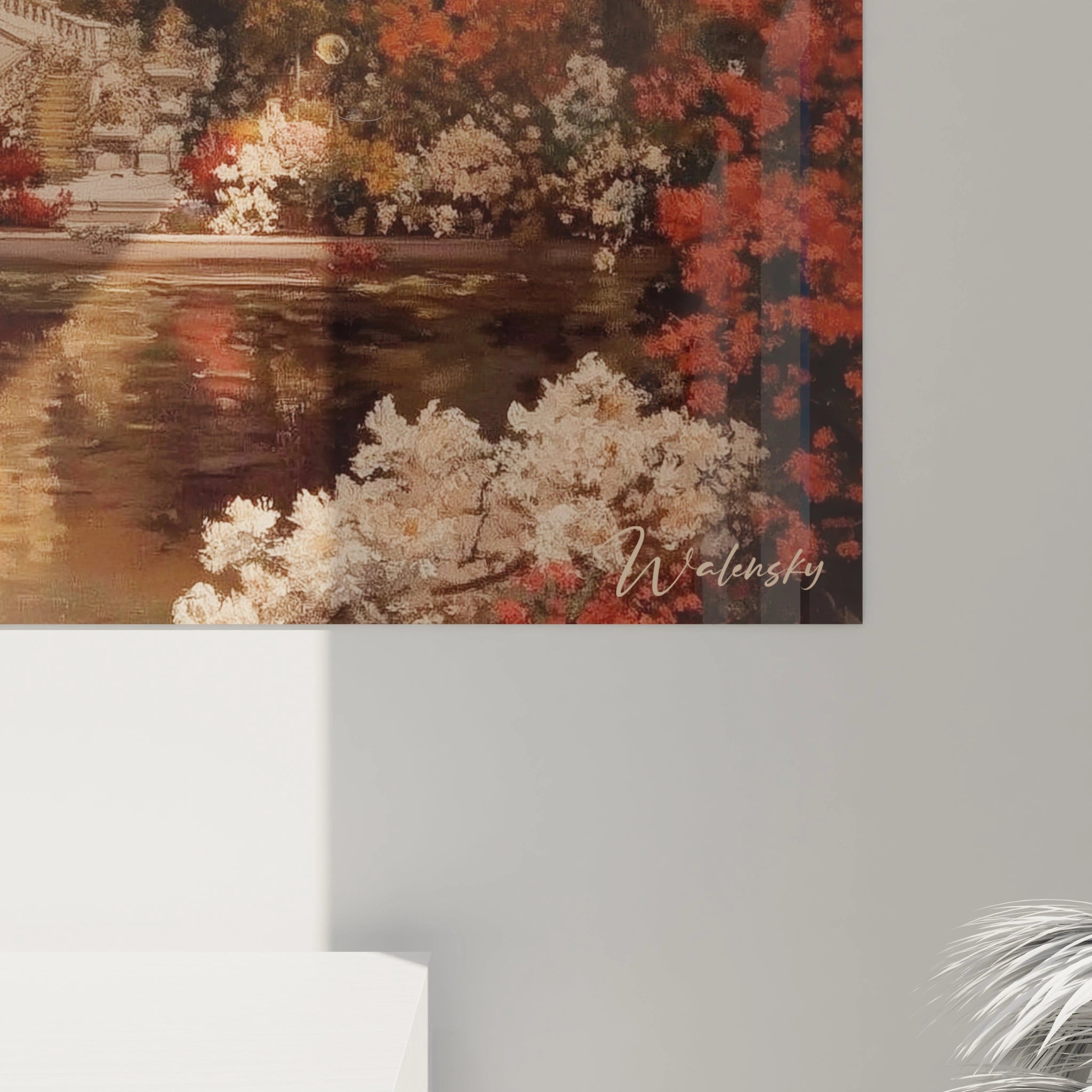 Tableau mural Walensky représentant un jardin lacustre aux fleurs et reflets, tableau villa oasis fleurie