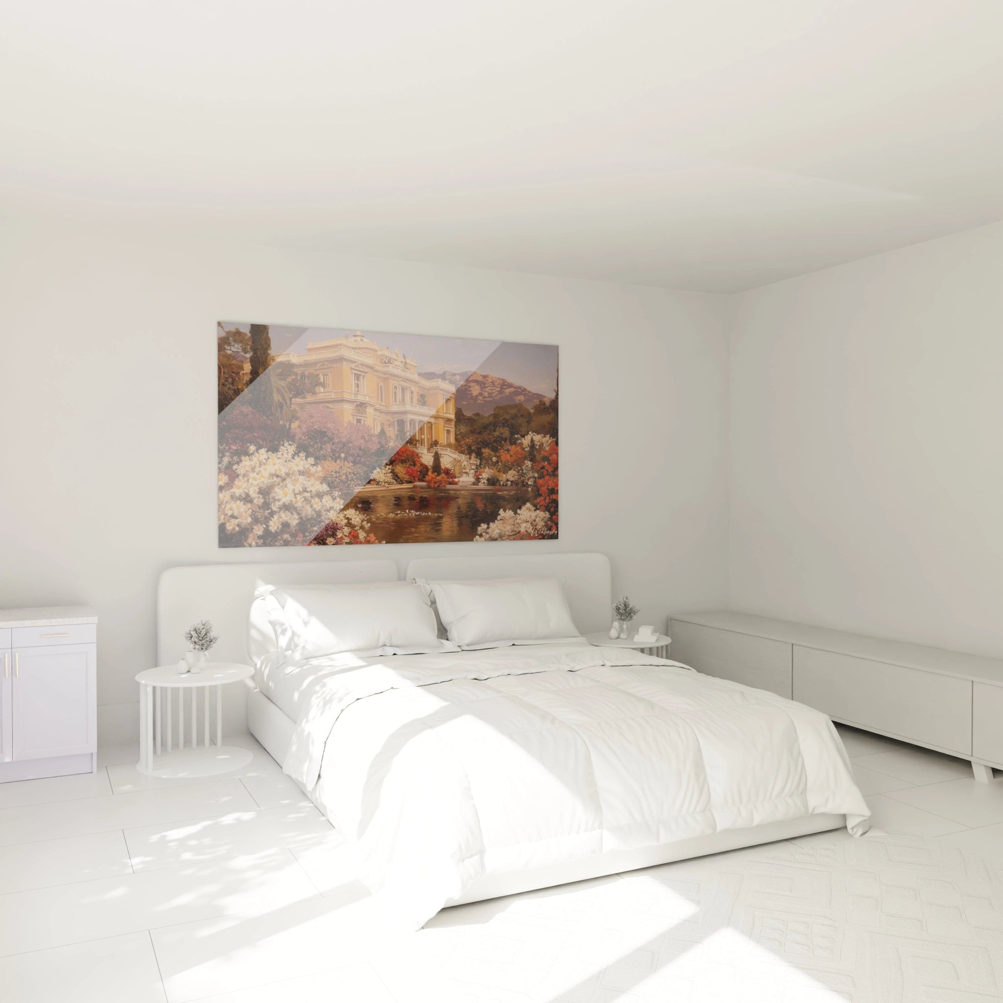 Tableau mural Walensky tableau villa oasis fleurie accroché au dessus du lit dans chambre blanche minimaliste
