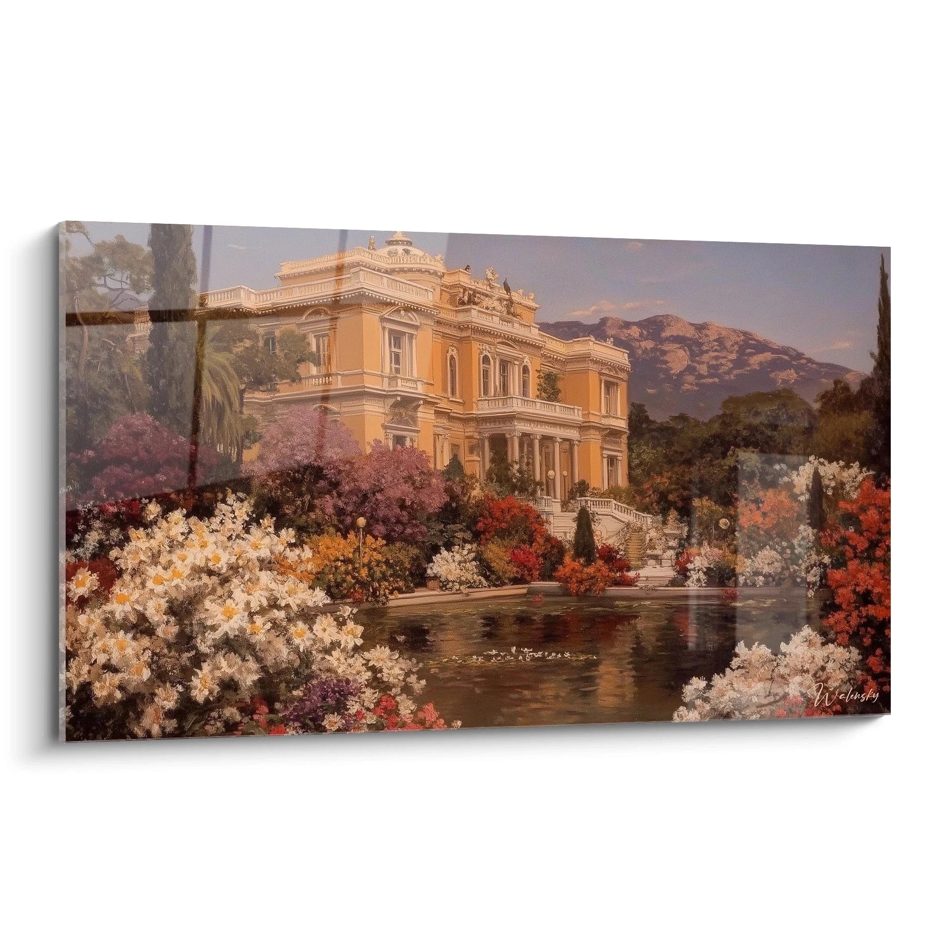 tableau villa oasis fleurie Walensky toile murale villa jaune au bord d un bassin fleuri