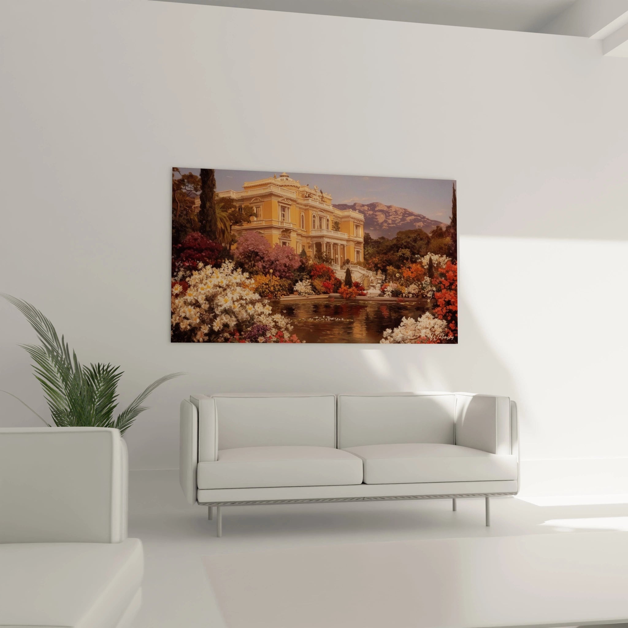 tableau villa oasis fleurie Walensky accroche au dessus d un canape blanc dans un salon lumineux et moderne