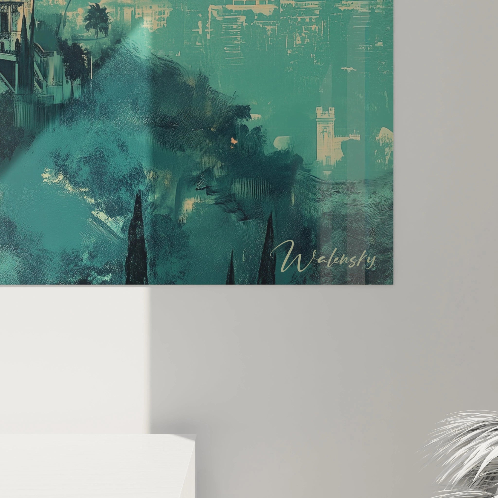 Tableau paysage méditerranéen présentant une élégante demeure blanche à l'architecture classique avec cyprès et palmiers, dans une composition où s'opposent le ciel corail lumineux et les masses végétales d'un vert bleuté intense, créant une atmosphère onirique.