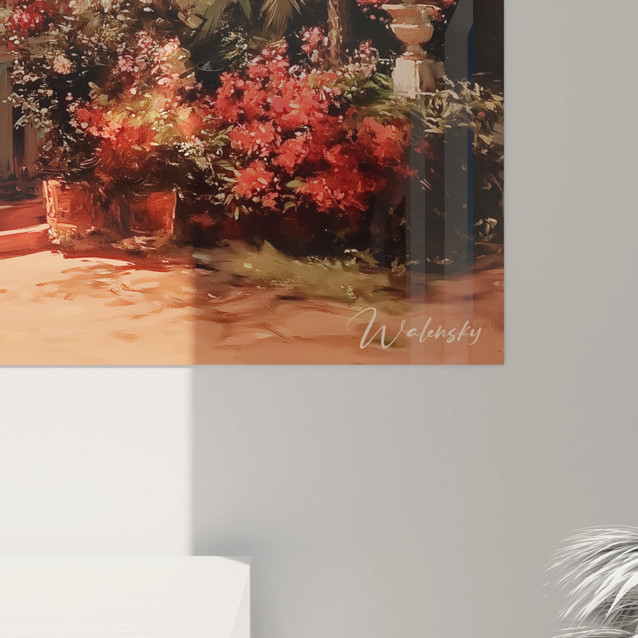 Tableau mural Walensky d une terrasse ensoleillée avec bouquets de roses rouges tableau villa roses écarlates