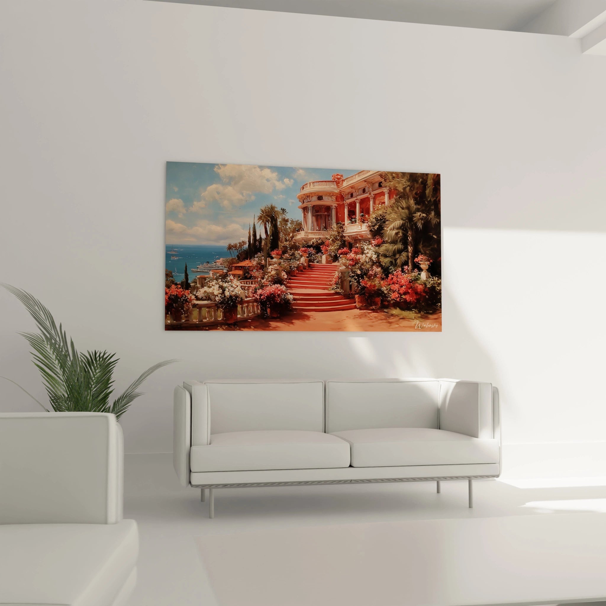 Tableau mural Walensky d une villa en bord de mer et jardin fleuri tableau villa roses écarlates pour salon