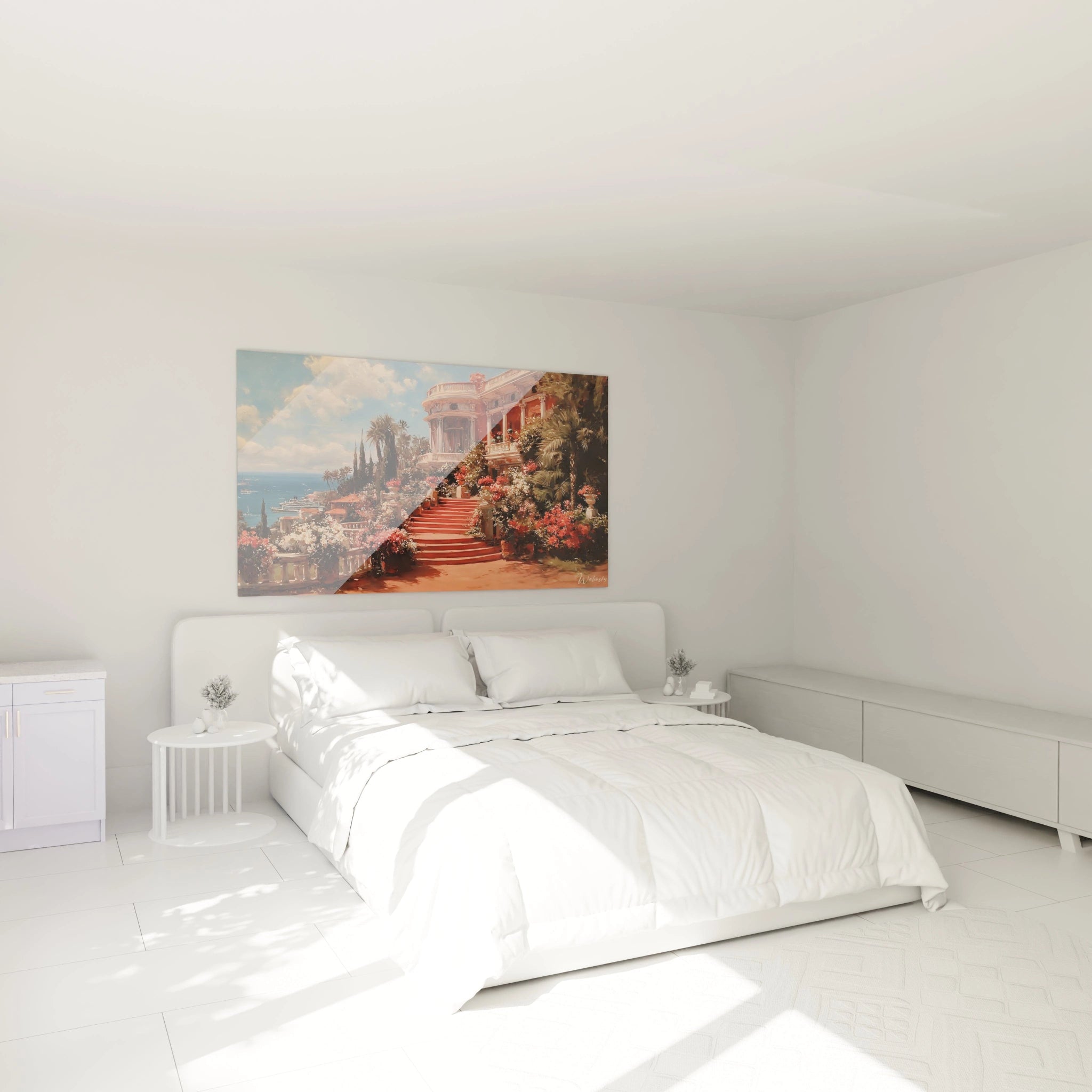 tableau villa roses écarlates Walensky accroché au dessus d un lit blanc moderne montrant une villa côtière et jardin fleuri