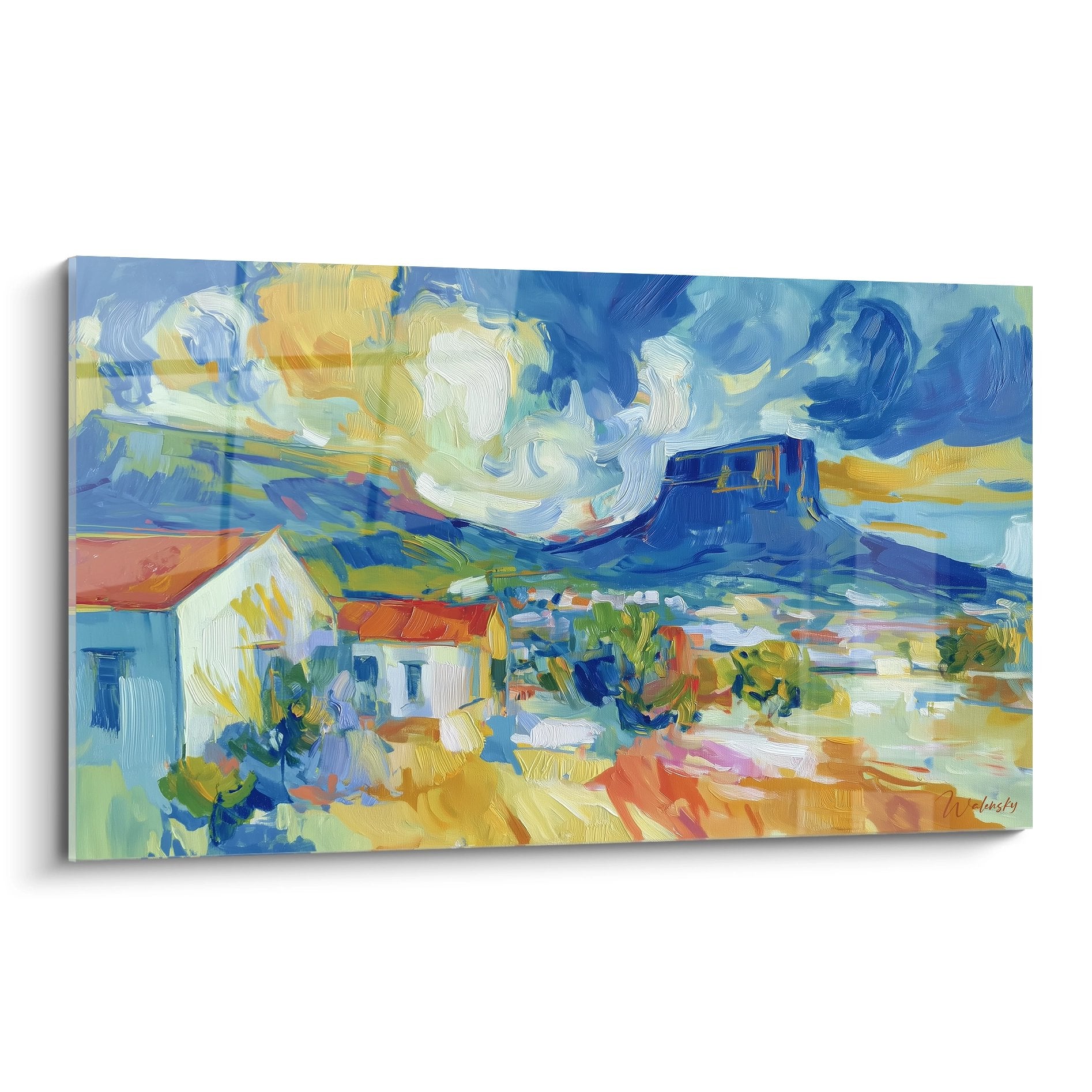 Tableau village alpin expressionniste aux couleurs vibrantes avec maisons et montagnes