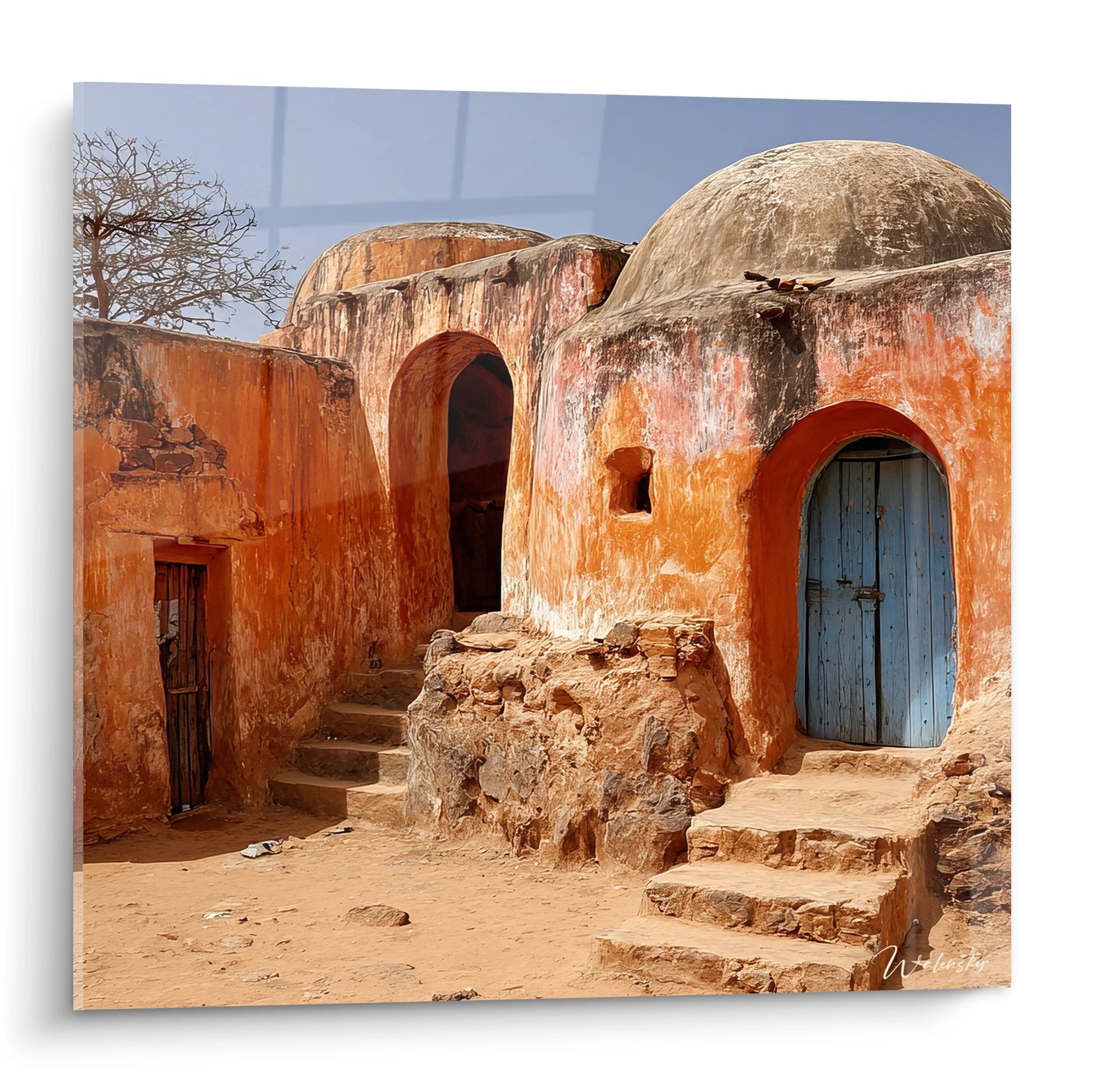 Tableau mural village berbère tunisien coupoles ocre porte bleue architecture traditionnelle Afrique du Nord